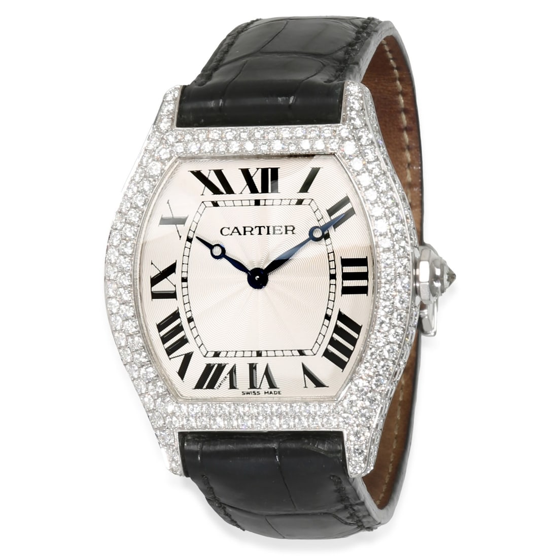 18K White Gold Cartier Tortue Unisex Watch With Diamond Bezel: 18K White Gold Cartier Tortue Unisex Watch With Diamond Bezel This Cartier Tortue de Cartier unisex wristwatch features an elegant tortue-shaped case crafted from 18K white gold and is adorned with a