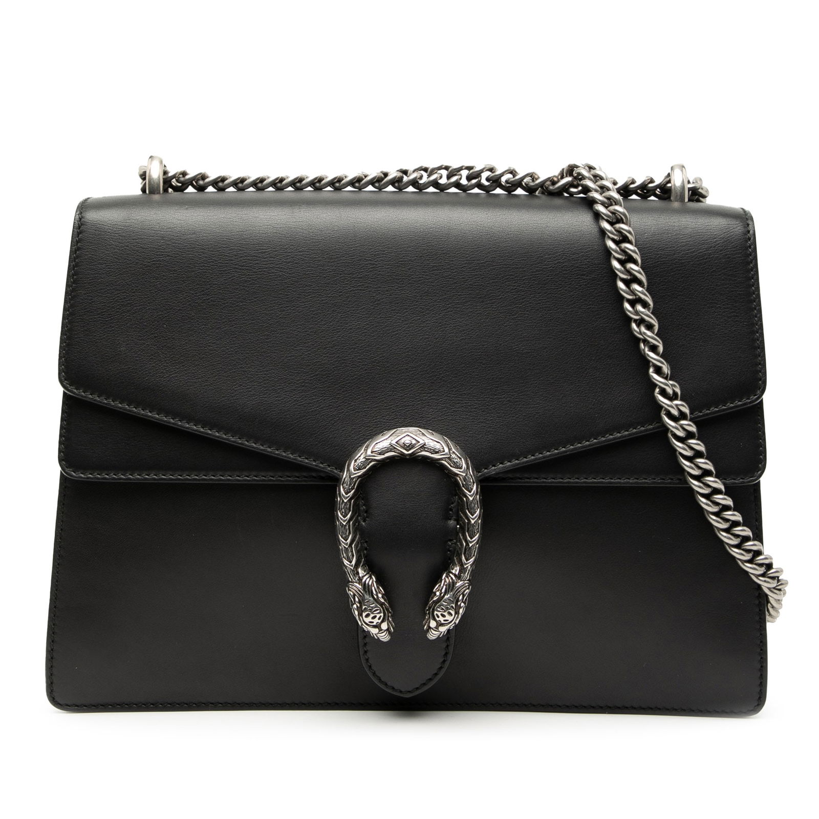 Gucci Dionysus Medium Black Leather Chain Shoulder Bag: Gucci Dionysus Medium Black Leather Chain Shoulder Bag This Gucci Medium Leather Dionysus Shoulder Bag features a black leather body with a chain link strap, a top flap secured by a push lock closure,