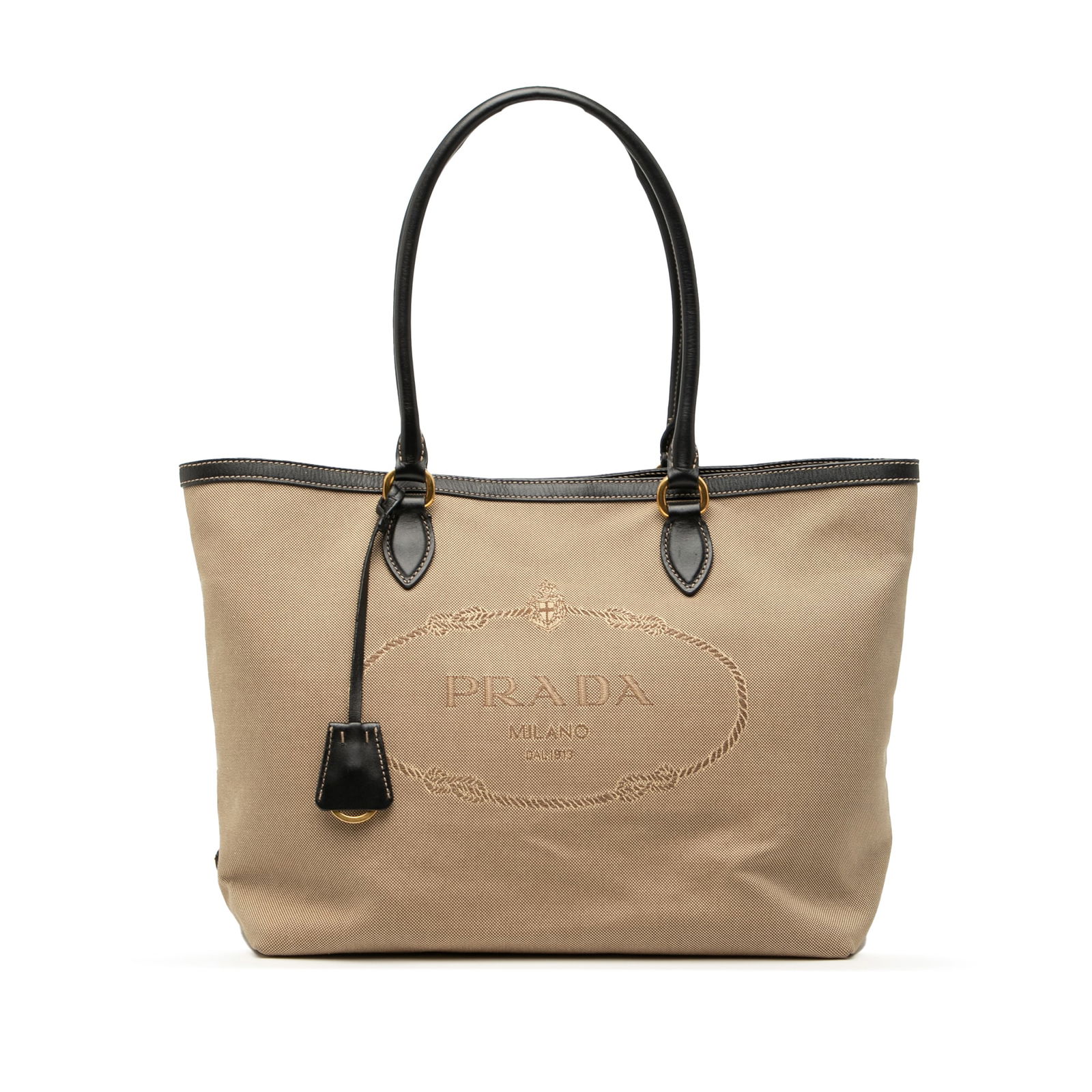 Prada Canapa Brown Canvas Tote Bag with Leather Trim: Prada Canapa Brown Canvas Tote Bag with Leather Trim This Prada Canvas Canapa Logo Tote features a sturdy canvas body with leather trim and rolled leather handles. The bag is designed with an open top