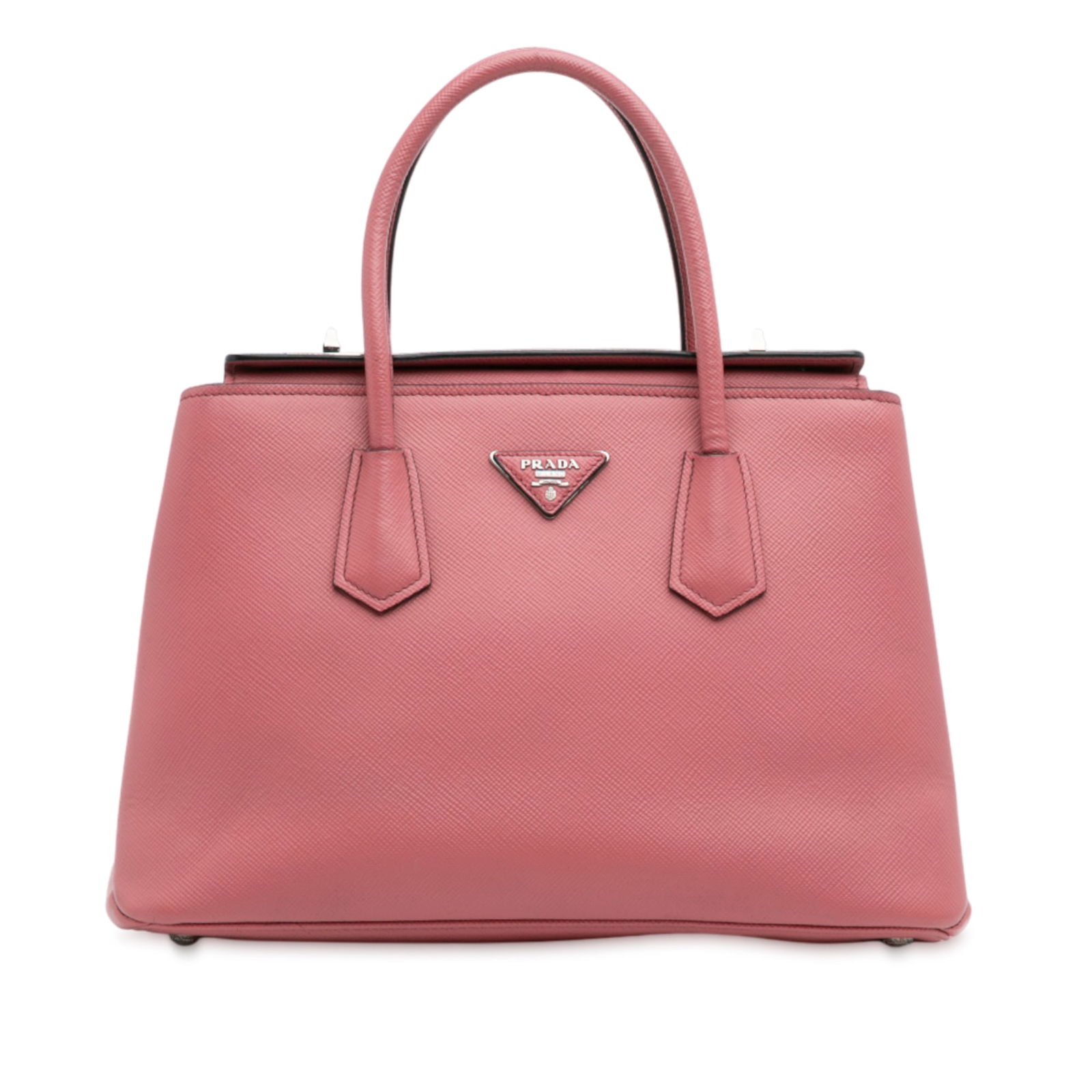 Prada Saffiano Cuir Turnlock Twin Satchel Pink Leather: Prada Saffiano Cuir Turnlock Twin Satchel Pink Leather This Prada Saffiano Cuir Turnlock Twin Satchel is a stylish and sophisticated accessory crafted from high-quality saffiano leather. It features e