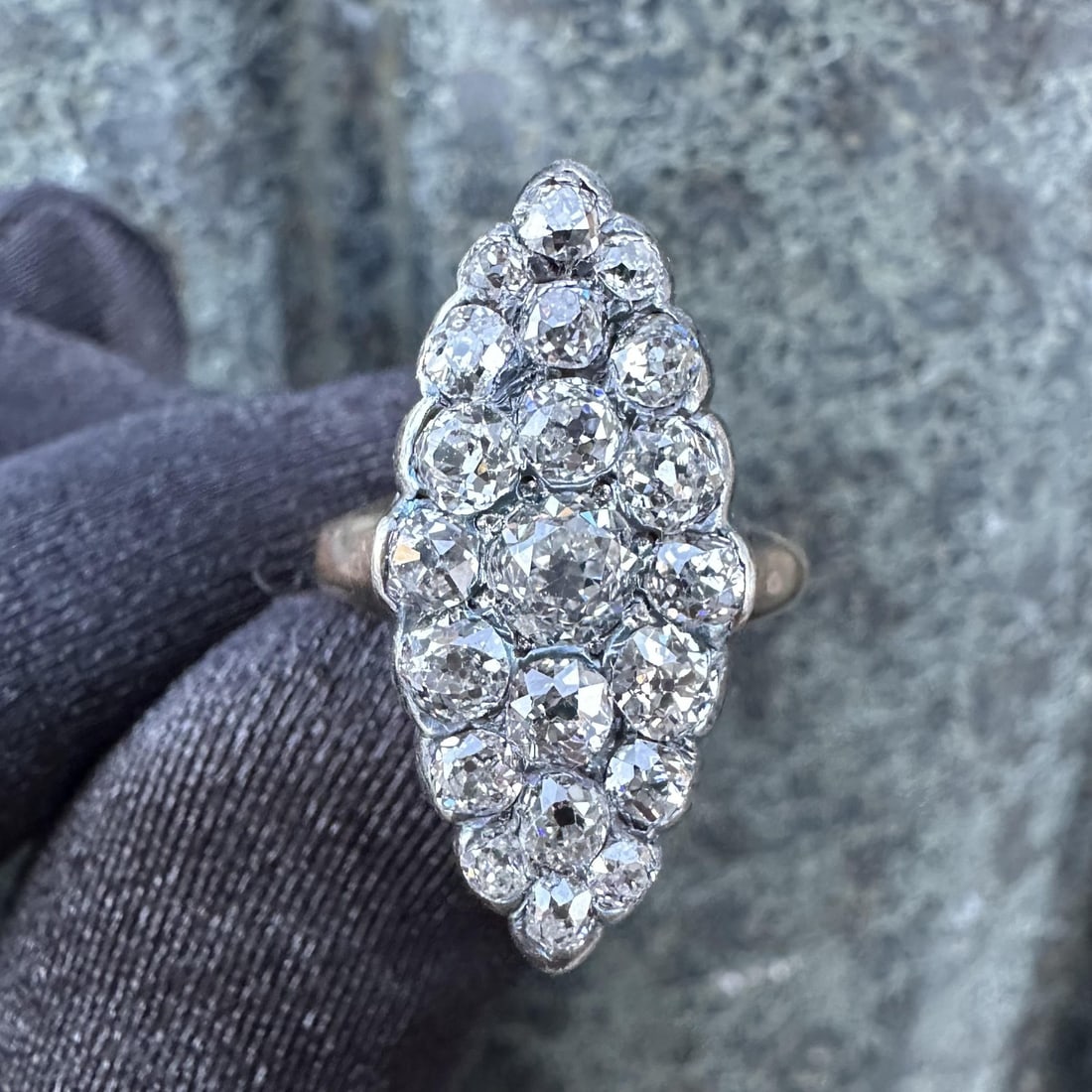 Victorian Era 14k Gold Silver Navette Ring With 2.44ctw Old Mine Diamonds: Victorian Era 14k Gold Silver Navette Ring With 2.44ctw Old Mine Diamonds This antique Victorian ring features a marquise navette design set with approximately 2.44 carats total weight of 21 natural o
