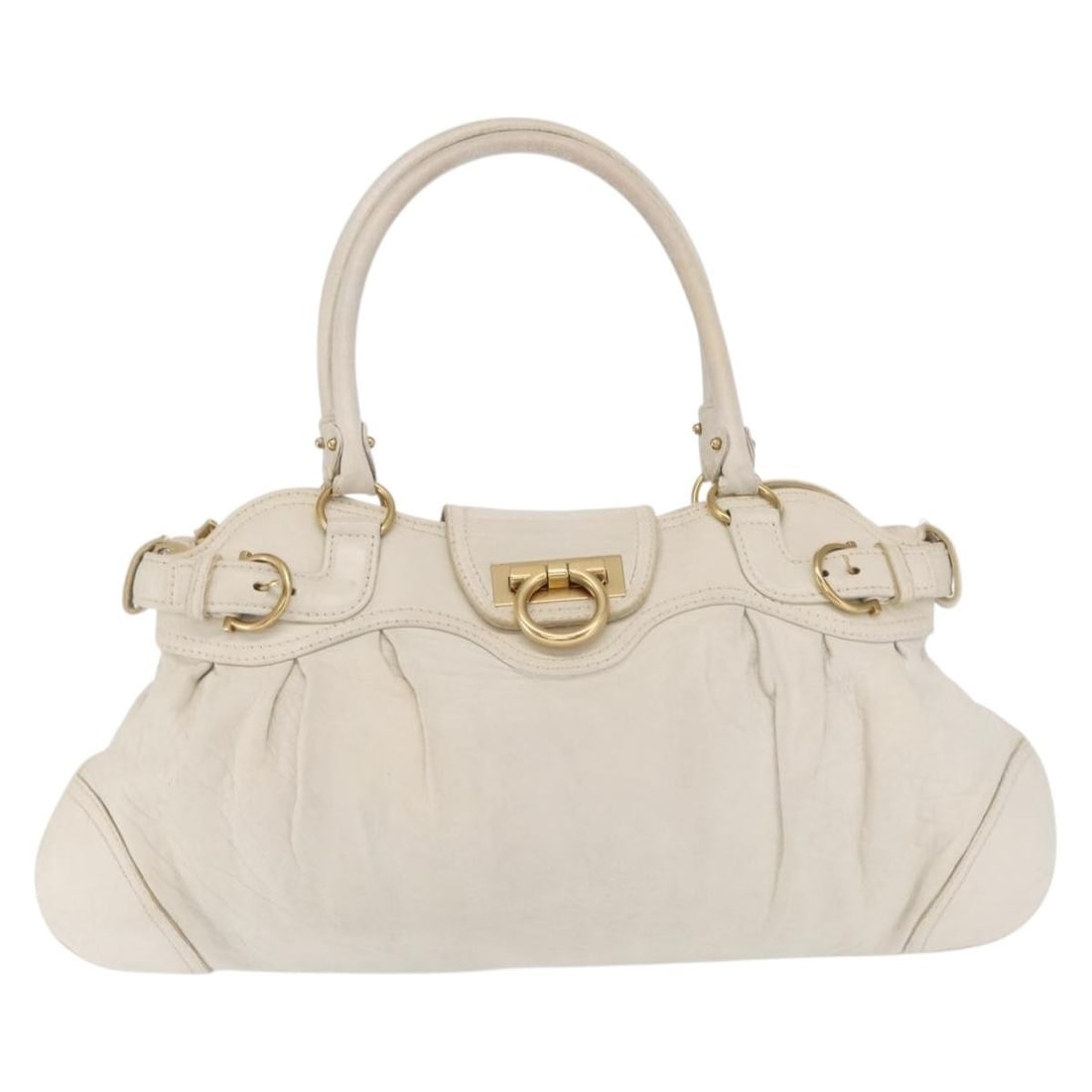 Salvatore Ferragamo Leather Gancini White Handbag: Salvatore Ferragamo Leather Gancini White Handbag This Salvatore Ferragamo Gancini handbag is crafted from white leather and designed for women. It features metal fittings and offers a spacious interi