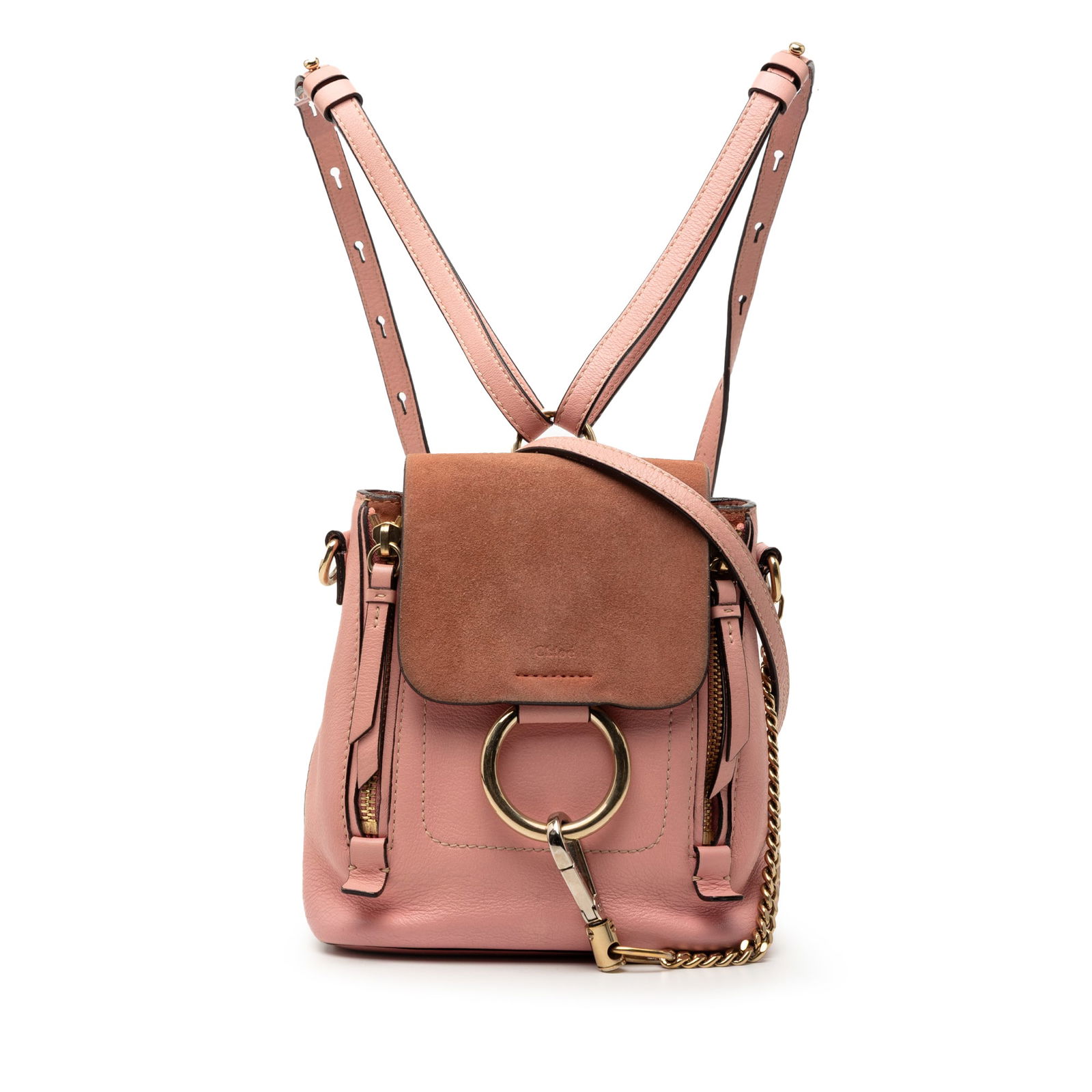 Chloe Faye Mini Leather and Suede Pink Convertible Backpack: Chloe Faye Mini Leather and Suede Pink Convertible Backpack This Chloe Mini Calfskin and Suede Faye Backpack features a pink leather body with zip details, adjustable flat back straps, a detachable sh
