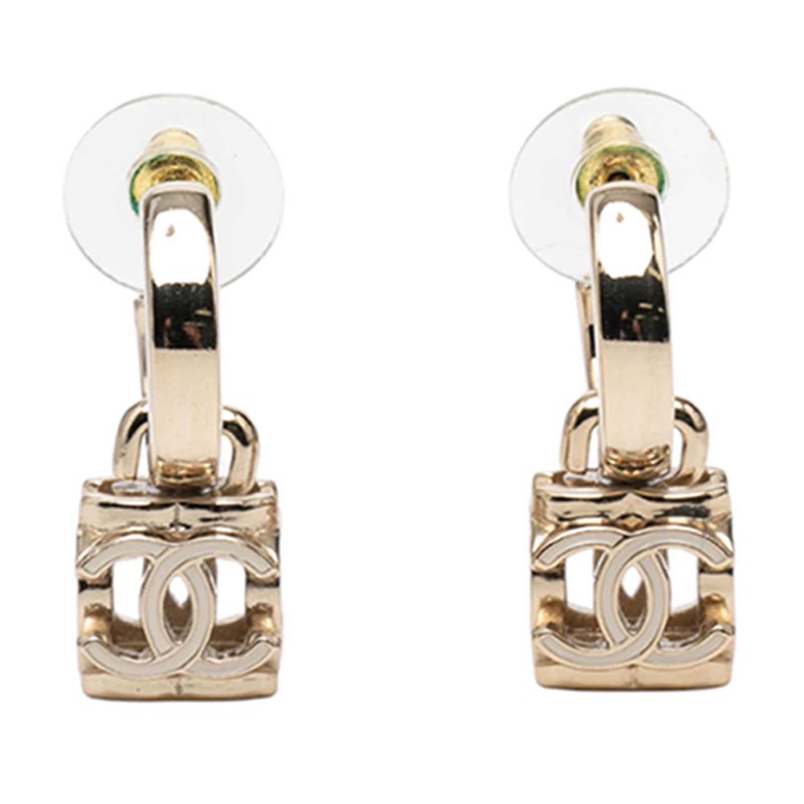 Chanel Enamel Cube Drop Hoop Earrings with Gold Tone Metal and Push Backs: Chanel Enamel Cube Drop Hoop Earrings with Gold Tone Metal and Push Backs These Chanel earrings feature gold-tone metal bodies with enamel detailing and secure push back closures. The design showcases