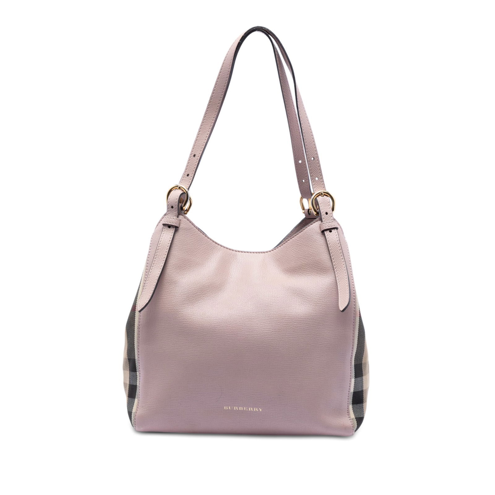 Burberry Canterbury Small Pink Leather Tote with House Check Canvas Sides: Burberry Canterbury Small Pink Leather Tote with House Check Canvas Sides This Burberry Small Leather and House Check Canvas Canterbury Tote features a leather body with signature house check canvas s