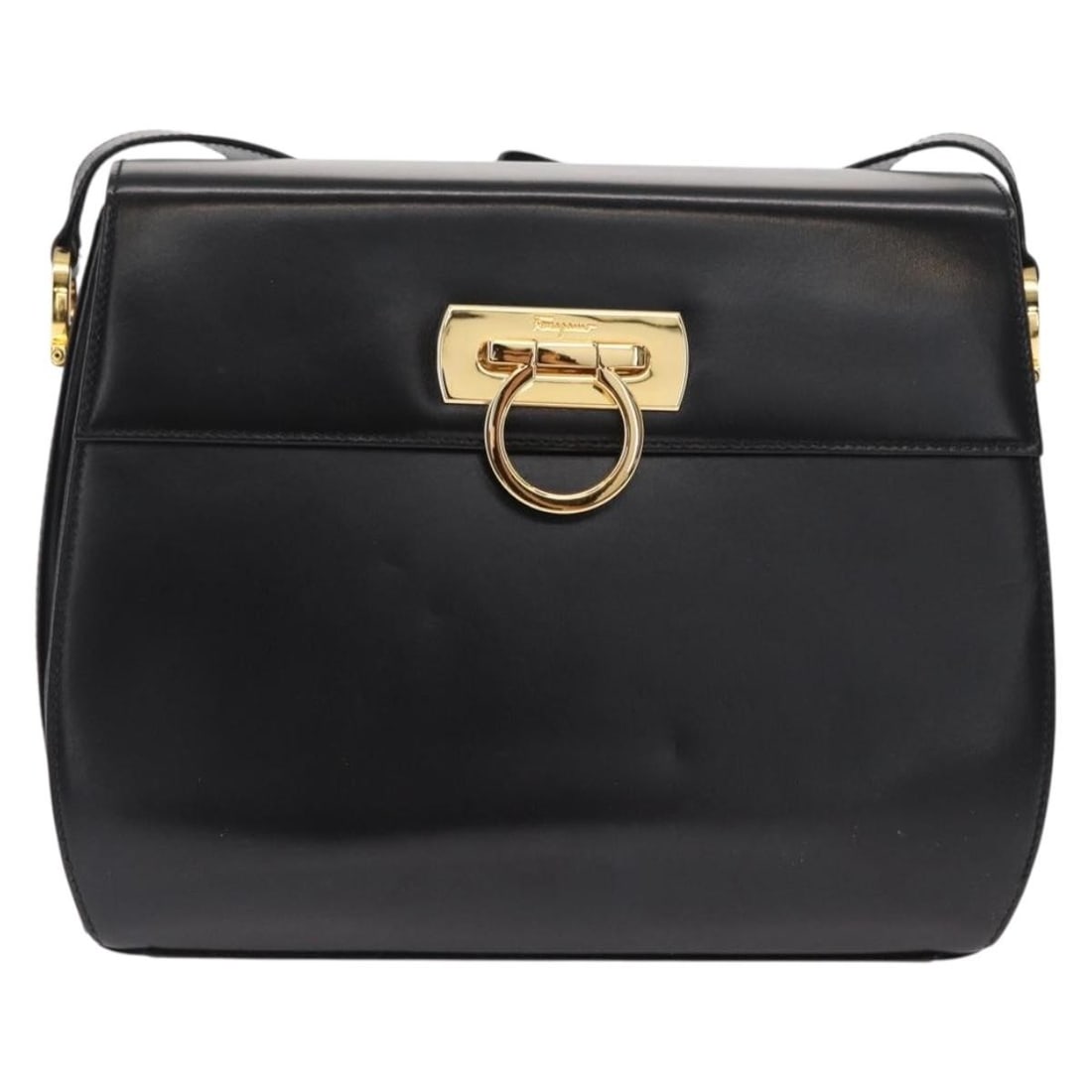 Gancini Black Leather Shoulder Bag by Salvatore Ferragamo: Gancini Black Leather Shoulder Bag by Salvatore Ferragamo This Salvatore Ferragamo Gancini shoulder bag is crafted from black leather and designed for women. It features a structured silhouette with a