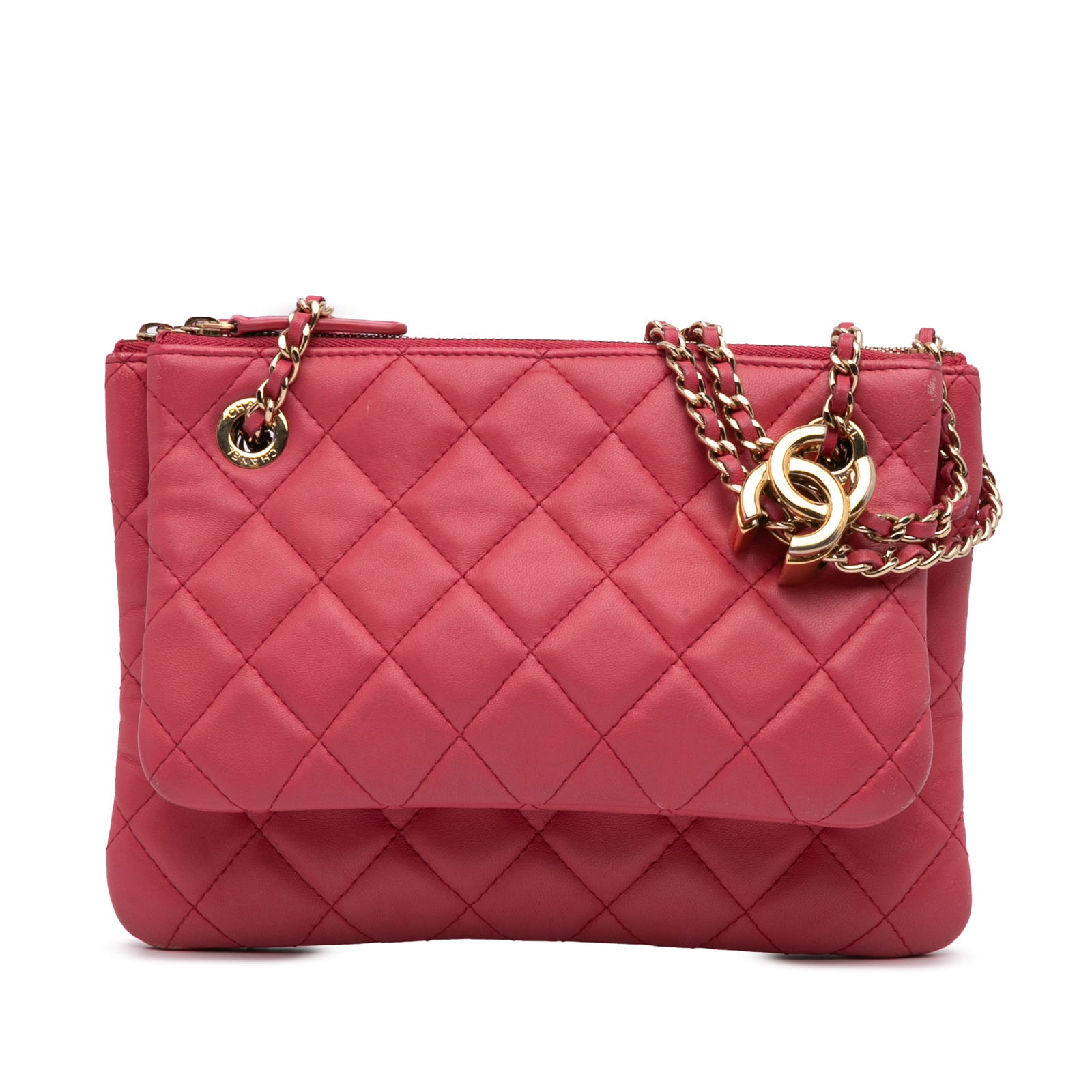 Chanel Pink Quilted Lambskin Double Case Shoulder Bag: Chanel Pink Quilted Lambskin Double Case Shoulder Bag This elegant Chanel shoulder bag showcases a luxurious quilted lambskin leather body in a charming pink hue. The bag features a leather woven chai