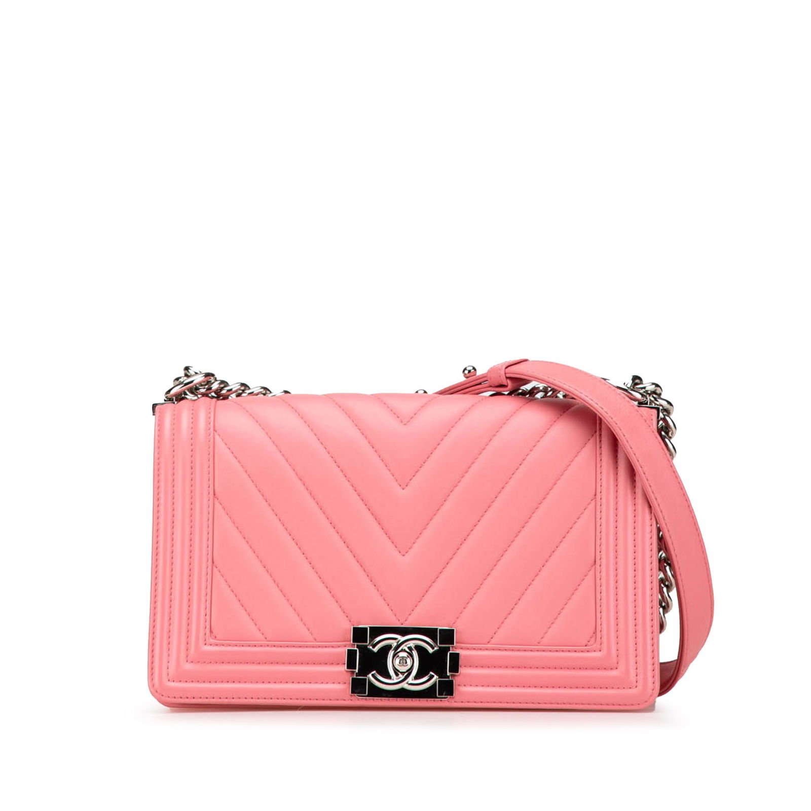 Chanel Old Medium Chevron Lambskin Boy Flap Pink Bag: Chanel Old Medium Chevron Lambskin Boy Flap Pink Bag Introducing the Chanel Old Medium Chevron Lambskin Boy Flap, a stunning blend of style and functionality. This bag is crafted from luxurious quilte