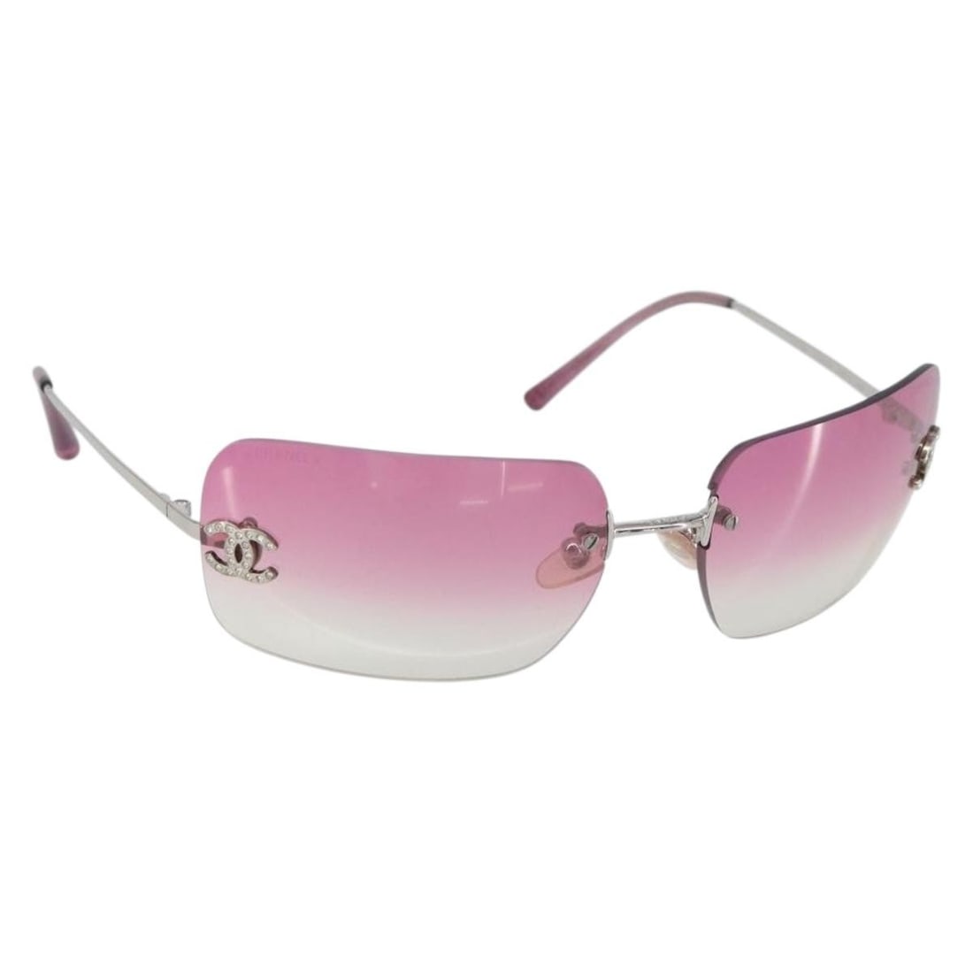 Pink Metal CHANEL 4017-D Coco Mark Rhinestone Sunglasses with Case: Pink Metal CHANEL 4017-D Coco Mark Rhinestone Sunglasses with Case These CHANEL COCO Mark 4017-D sunglasses feature a pink metal frame adorned with rhinestone accents and signature CC detailing. Made