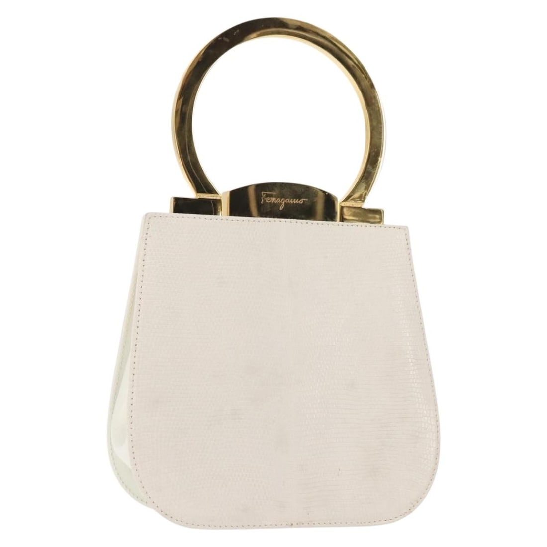 Salvatore Ferragamo Leather Gancini Mini Handbag White: Salvatore Ferragamo Leather Gancini Mini Handbag White This pre-owned Salvatore Ferragamo Gancini mini handbag for women features white leather construction with a compact design. It shows signs of us