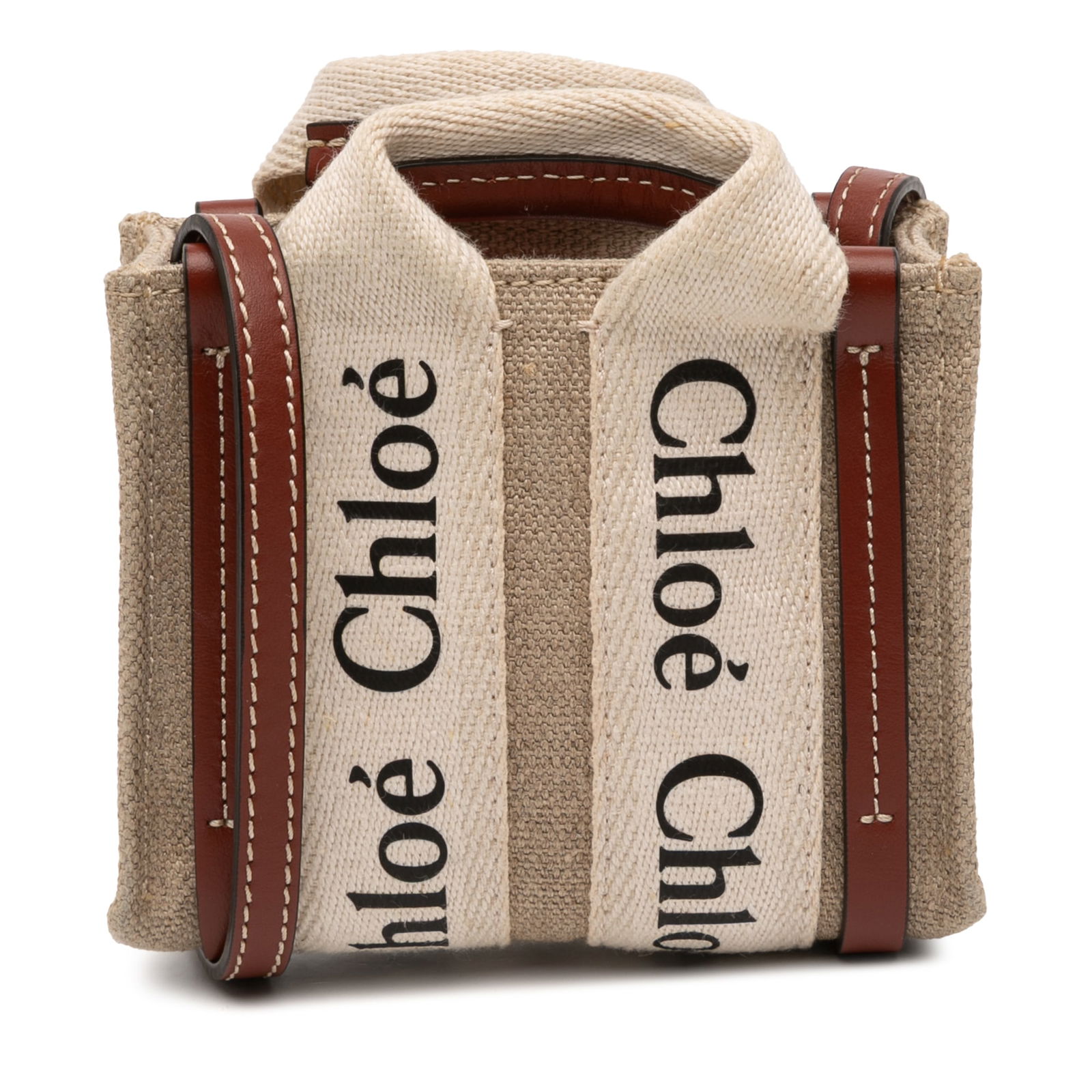 Chloe Woody Nano Brown Canvas Mini Satchel with Leather Strap: Chloe Woody Nano Brown Canvas Mini Satchel with Leather Strap This Chloe Nano Canvas Woody Satchel features a canvas body with flat canvas handles accented by leather details. It includes a detachable