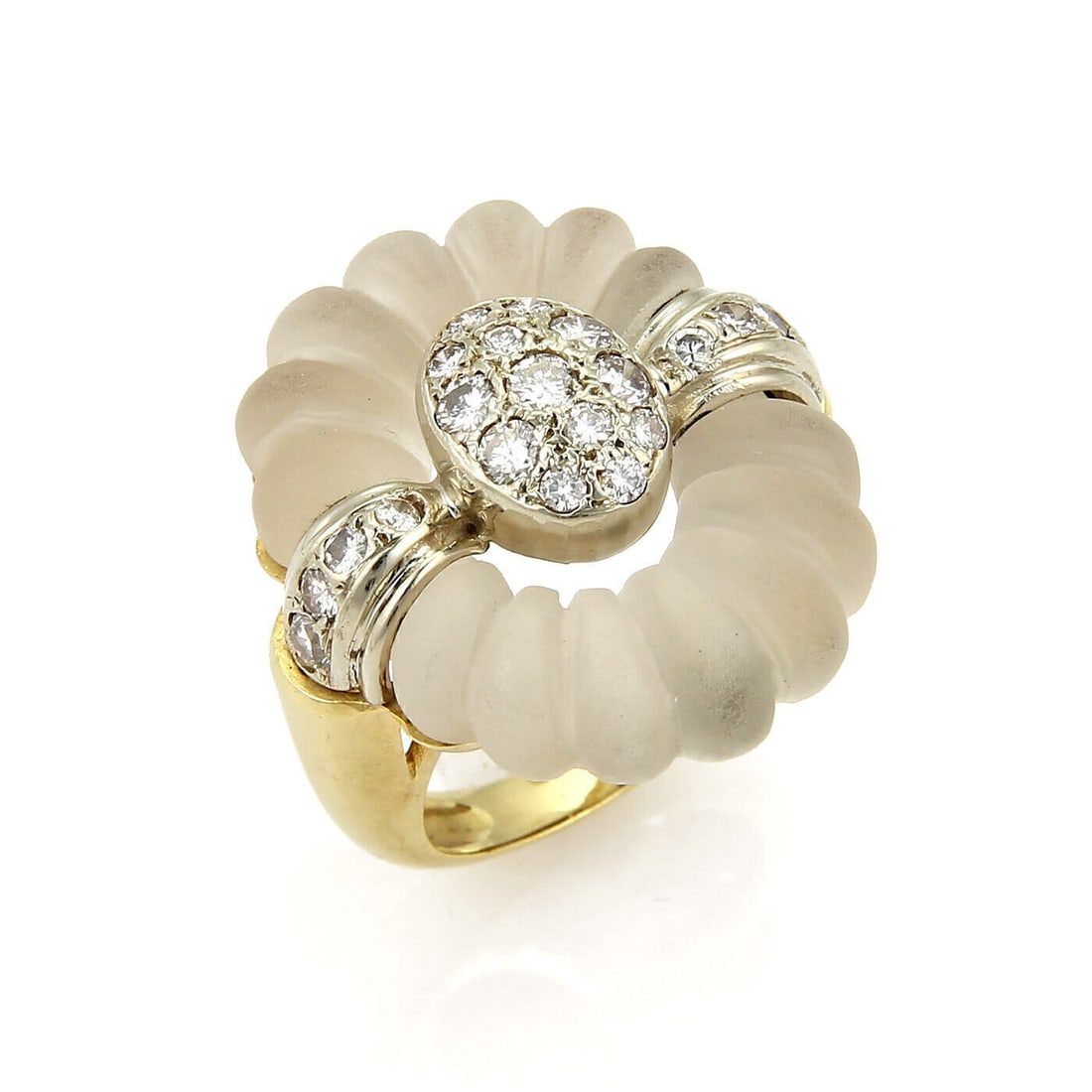 Vintage 14k Two Tone Gold Floral Ring With Diamonds and Frosted Crystal Size 5.5: Vintage 14k Two Tone Gold Floral Ring With Diamonds and Frosted Crystal Size 5.5 This vintage floral ring showcases a solid 14k yellow gold band with a white gold center, featuring round cut diamonds