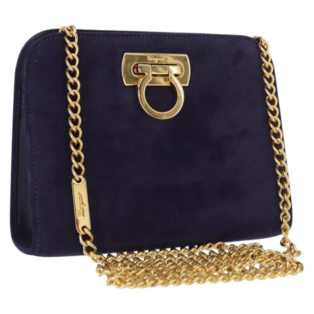 Navy Suede Salvatore Ferragamo Gancini Chain Shoulder Bag Gold Tone Hardware: Navy Suede Salvatore Ferragamo Gancini Chain Shoulder Bag Gold Tone Hardware This authentic Salvatore Ferragamo Gancini chain shoulder bag is crafted from navy suede with gold-tone accents. It feature
