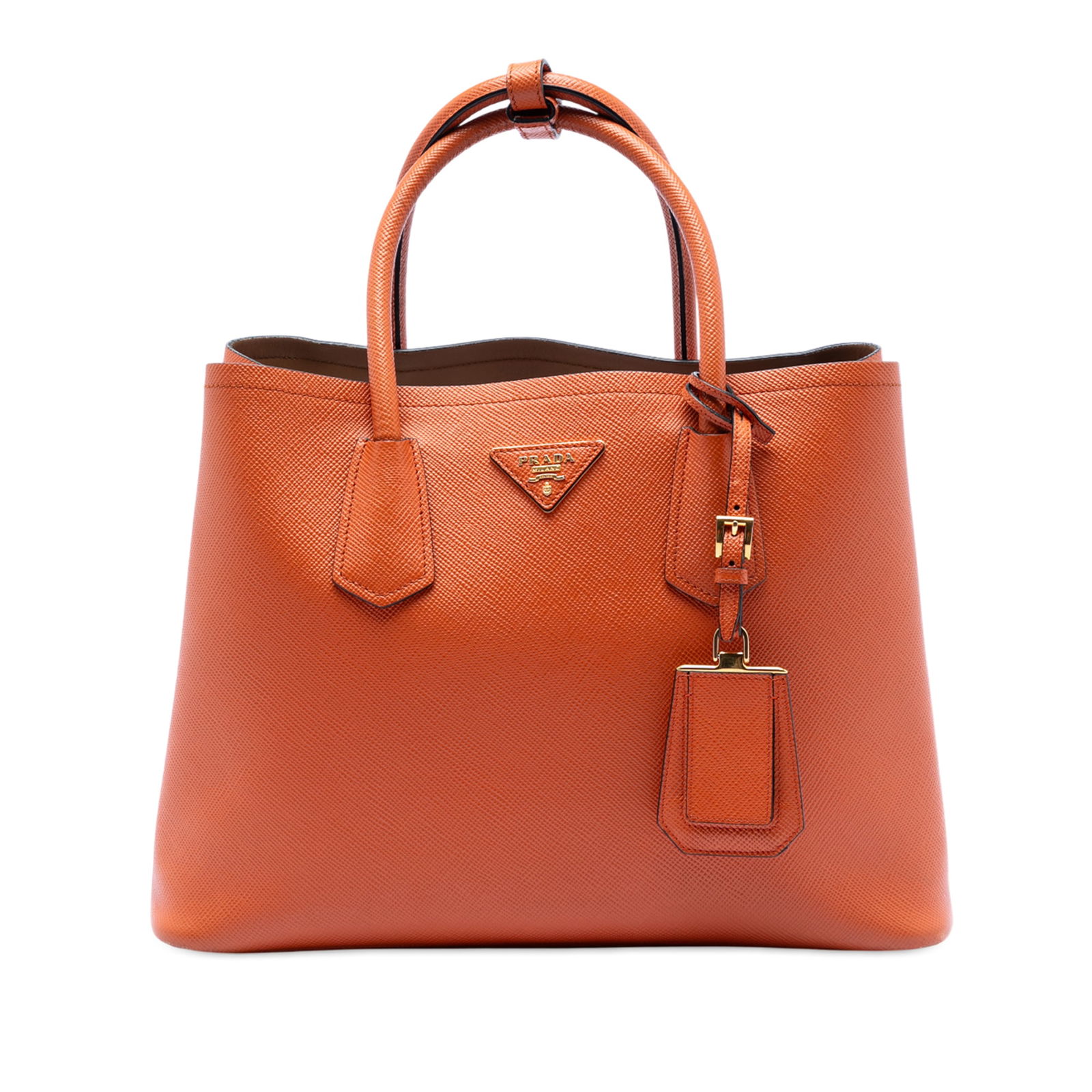 Prada Saffiano Leather Double Handle Medium Satchel in Orange: Prada Saffiano Leather Double Handle Medium Satchel in Orange This Prada Medium Saffiano Cuir Double Satchel showcases a saffiano leather body in orange, complemented by rolled leather handles, an ope