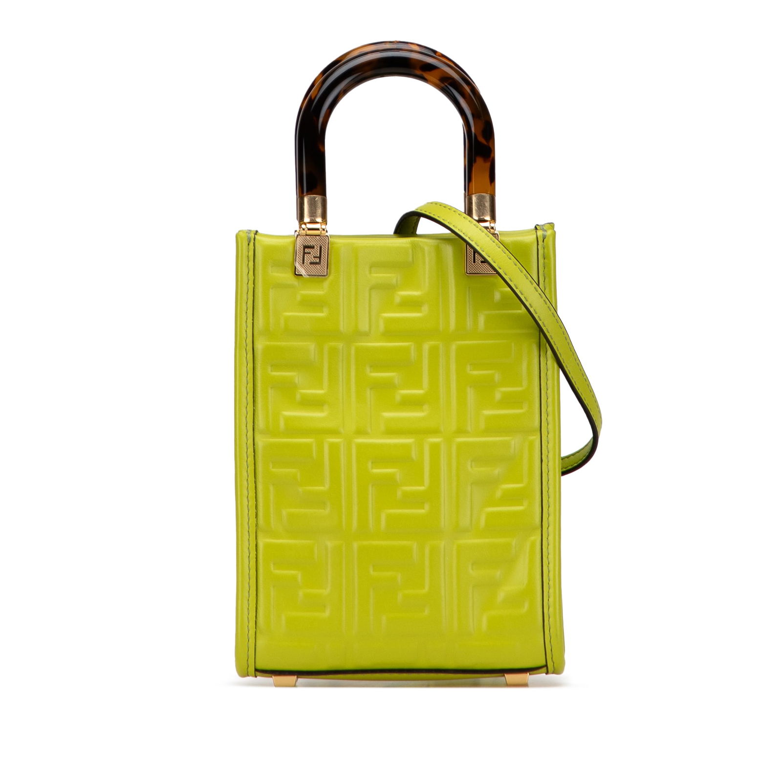 Fendi Mini Zucca Green Leather Sunshine Shopper Tote: Fendi Mini Zucca Green Leather Sunshine Shopper Tote The Fendi Mini Zucca Embossed Leather Sunshine Shopper Tote is a stylish and functional accessory crafted from high-quality embossed leather. This