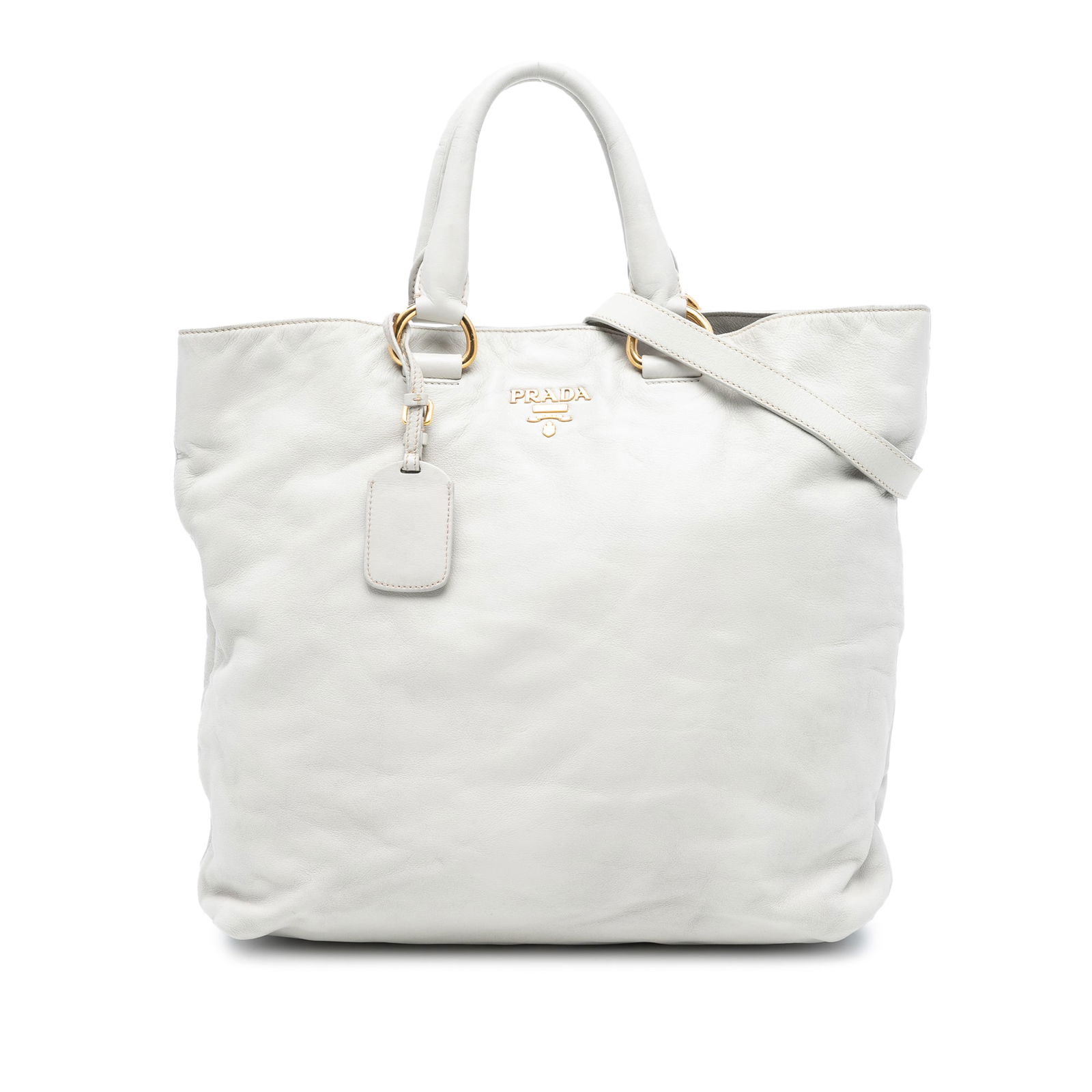 Prada Soft Calf Convertible White Leather Tote with Detachable Strap: Prada Soft Calf Convertible White Leather Tote with Detachable Strap This Prada Soft Calf Open Convertible Tote features a white leather body with rolled leather handles and a detachable flat leather