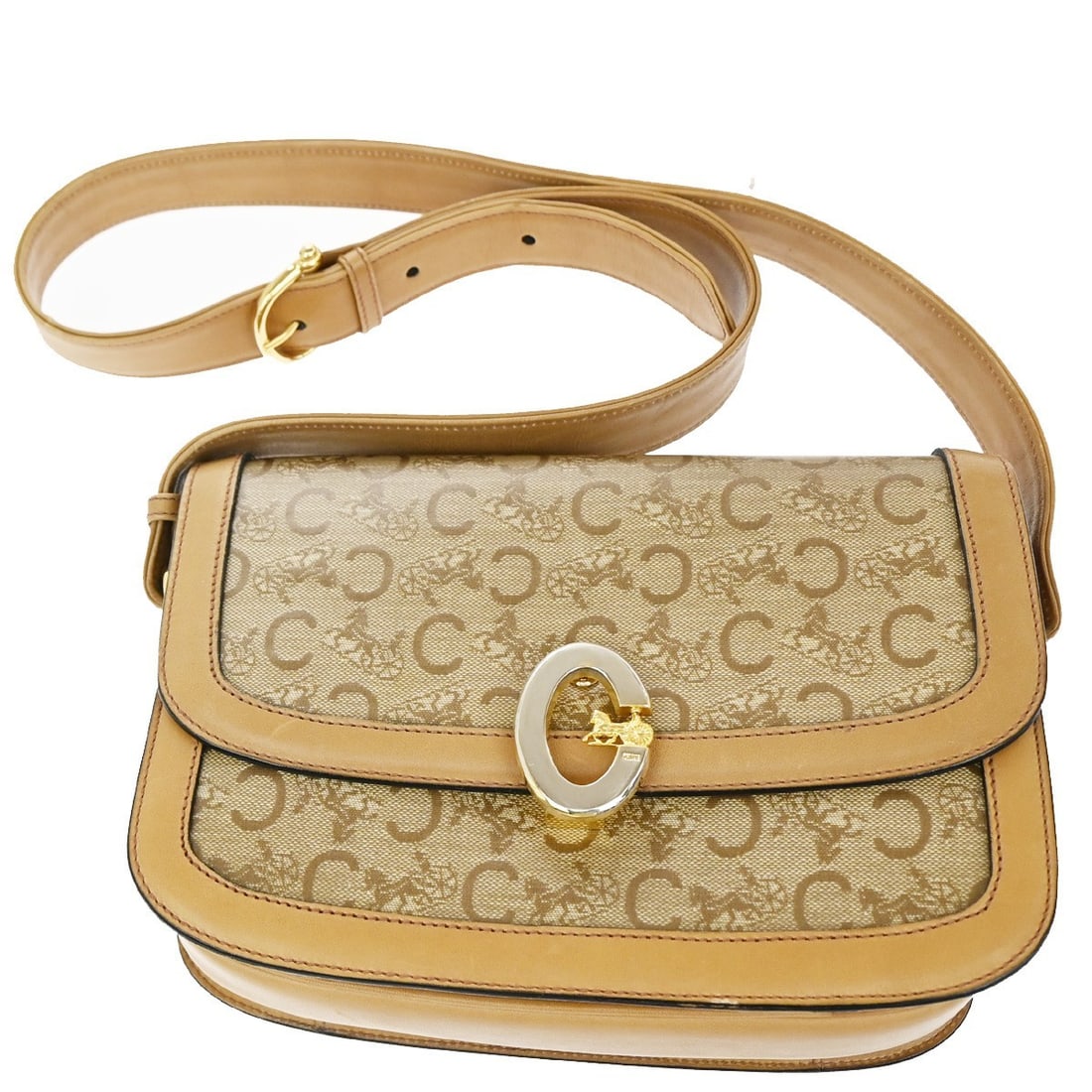 Celine Macadam Horse Carriage Beige Canvas Shoulder Bag with Leather Trim: Celine Macadam Horse Carriage Beige Canvas Shoulder Bag with Leather Trim This Celine Vintage Horse Carriage C Macadam shoulder bag features a beige canvas body complemented by leather accents. Design