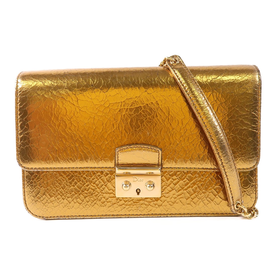 Christian Dior Gold Leather Shoulder Bag with Chain Strap: Christian Dior Gold Leather Shoulder Bag with Chain Strap This elegant Christian Dior shoulder bag features a luxurious gold leather exterior that exudes sophistication. With dimensions of 8.3 in leng