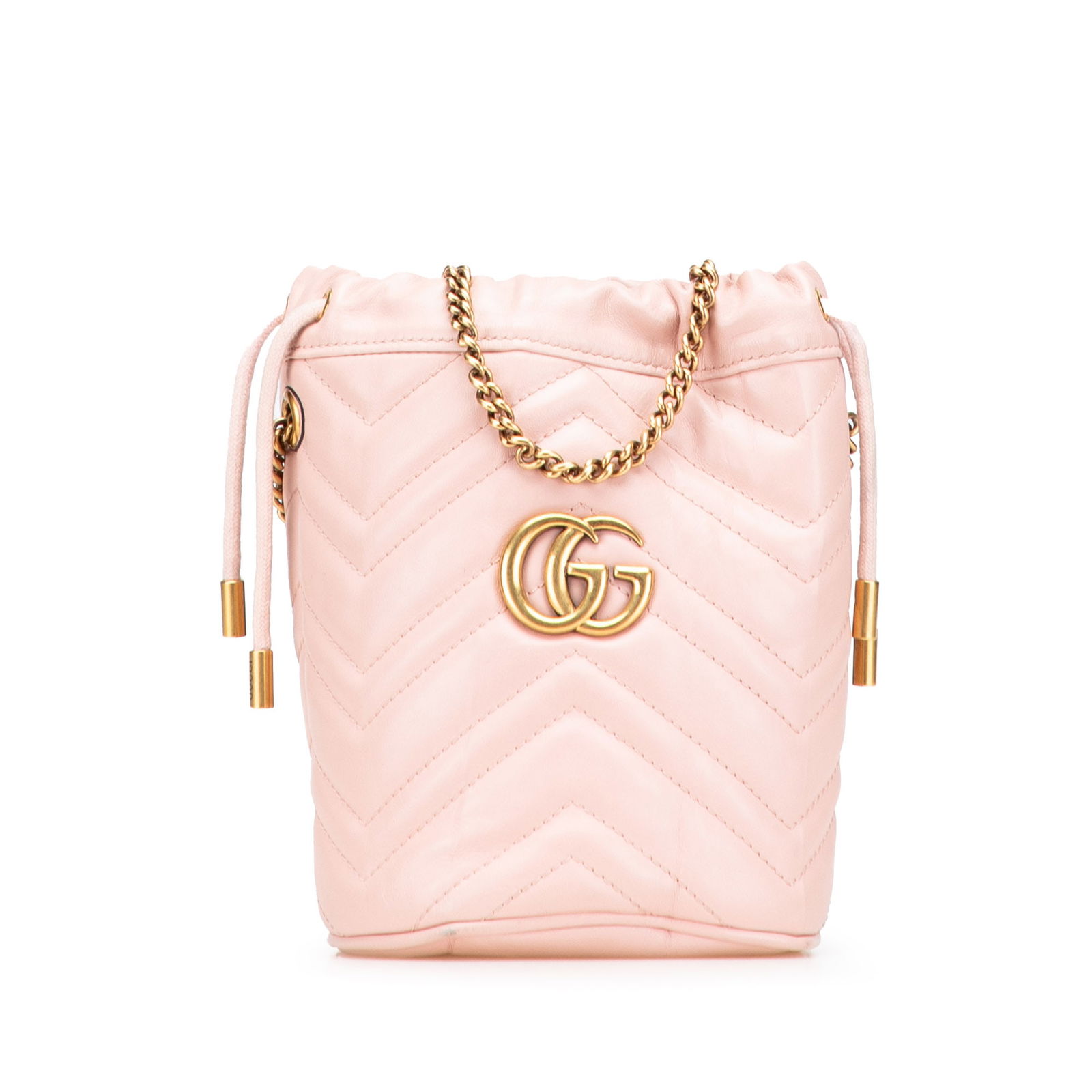 Gucci Small GG Marmont Pink Leather Bucket Bag with Chain Strap: Gucci Small GG Marmont Pink Leather Bucket Bag with Chain Strap Elevate your accessory game with the Gucci Small GG Marmont Leather Matelasse Bucket Bag, a stylish blend of luxury and practicality. Th