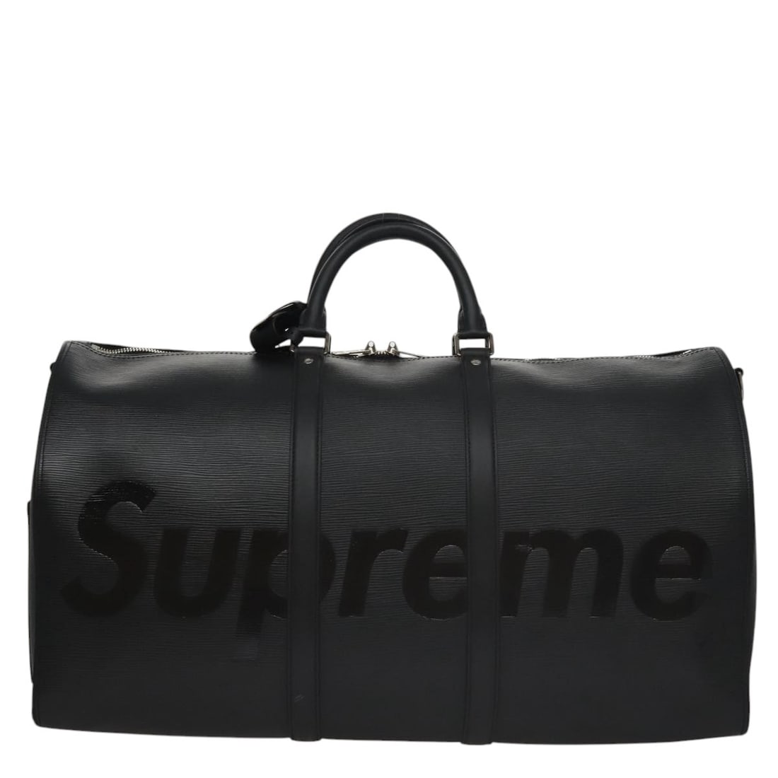 Limited Edition Louis Vuitton Supreme Epi Leather Keepall Bandouliere 55: Limited Edition Louis Vuitton Supreme Epi Leather Keepall Bandouliere 55 This Louis Vuitton Keepall Bandouliere bag features black Epi leather, crafted in France for unisex use. The spacious design me