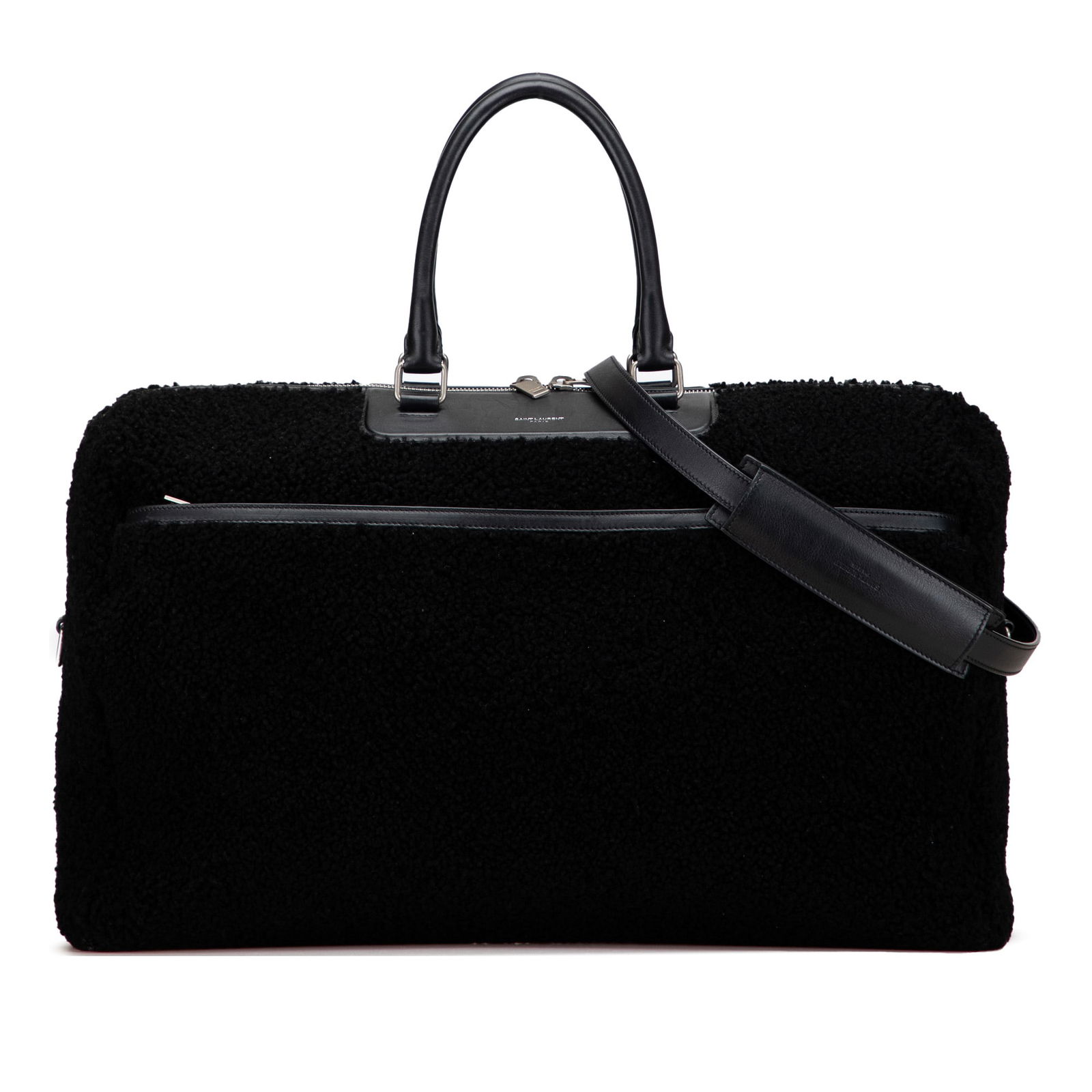 Saint Laurent Black Shearling Travel Bag with Leather Trim: Saint Laurent Black Shearling Travel Bag with Leather Trim Elevate your travel style with this Saint Laurent Shearling Travel Bag, crafted from luxurious shearling with leather trim. It features rolle