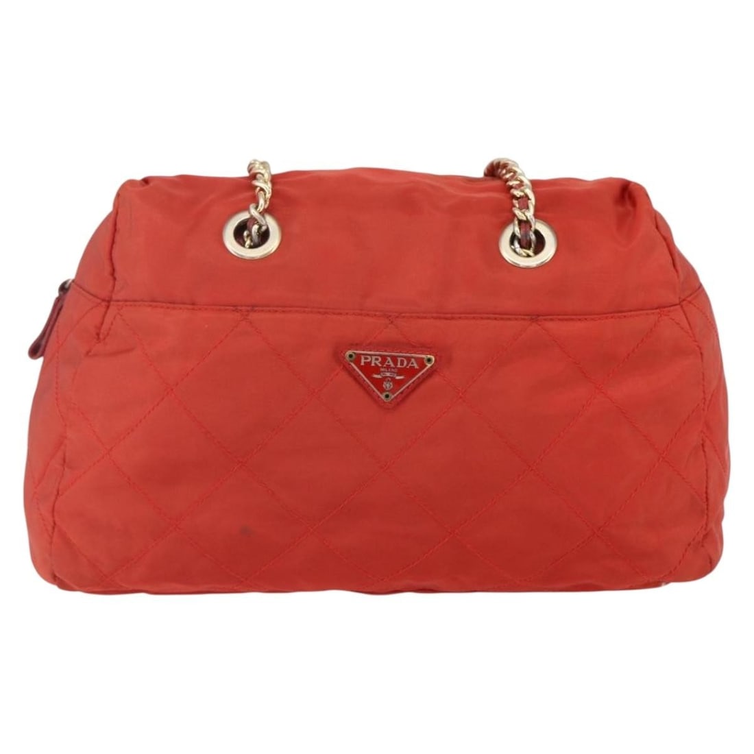 Orange Nylon Shoulder Bag by Prada with Chain Strap: Orange Nylon Shoulder Bag by Prada with Chain Strap This Prada Chain Shoulder Bag for women is crafted from orange nylon and features a chain shoulder strap. The bag measures 33 cm by 29 cm by 6 cm an