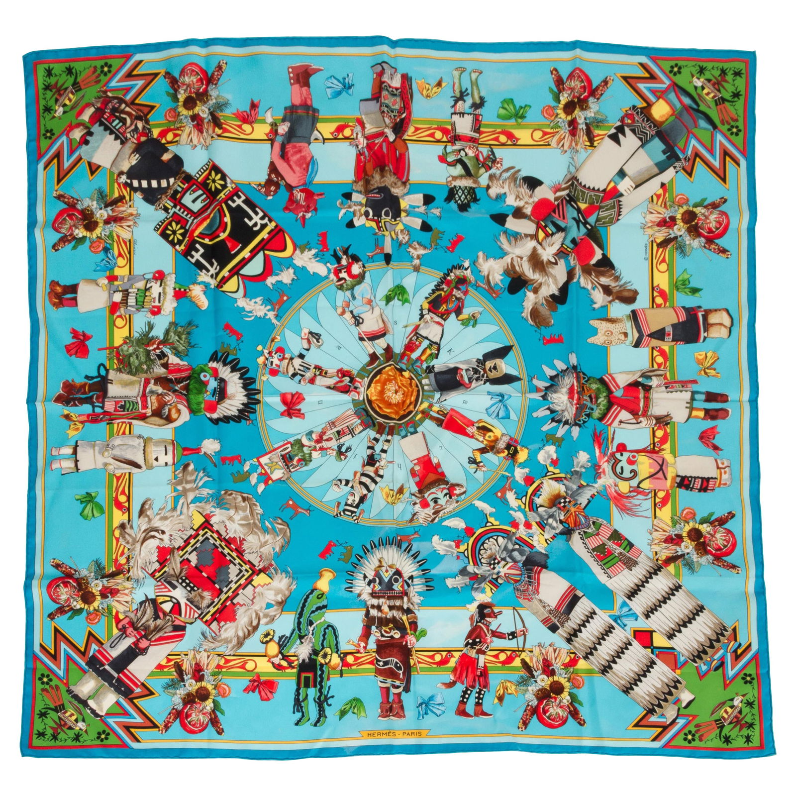 Hermes Kachinas Turquoise Silk Scarf by Kermit Oliver 35 x 35 (1 of 5)