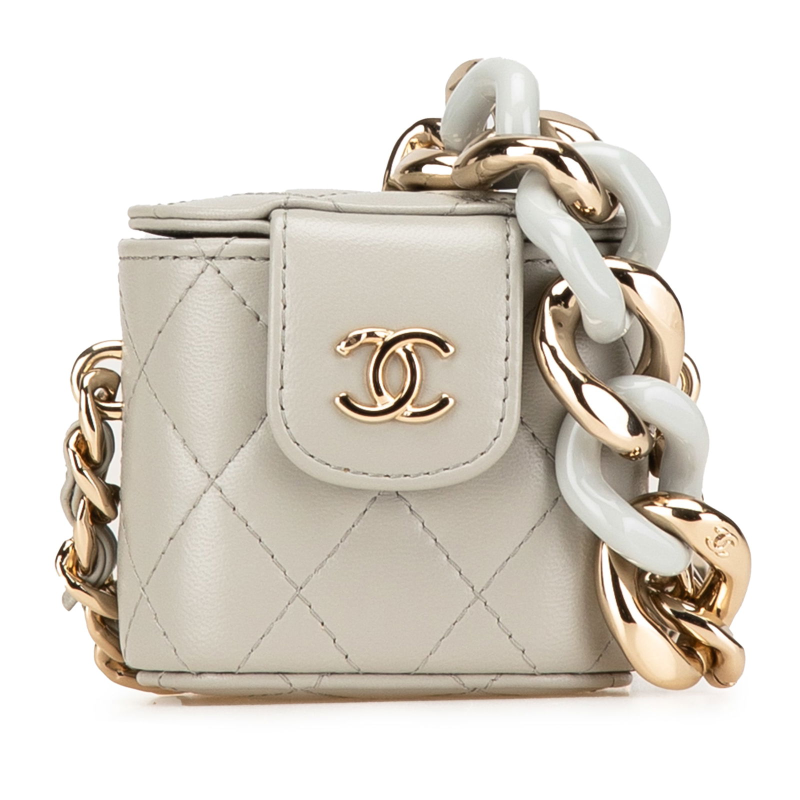 Chanel Mini Lambskin Gray Crossbody Vanity Case with Chain Strap: Chanel Mini Lambskin Gray Crossbody Vanity Case with Chain Strap This Chanel Mini Lambskin Elegant Chain Vanity Case is a stylish crossbody bag crafted from quilted gray lambskin leather. It features