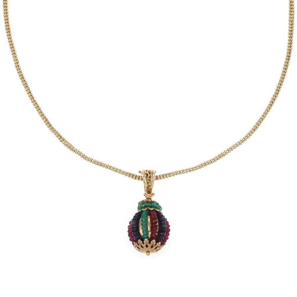 Elegant 14k Yellow Gold Pendant with Sapphire Emerald Ruby Beads: Elegant 14k Yellow Gold Pendant with Sapphire Emerald Ruby Beads This stunning pendant and chain set is expertly crafted from 14k yellow gold. The pendant showcases a captivating gold ball adorned wit