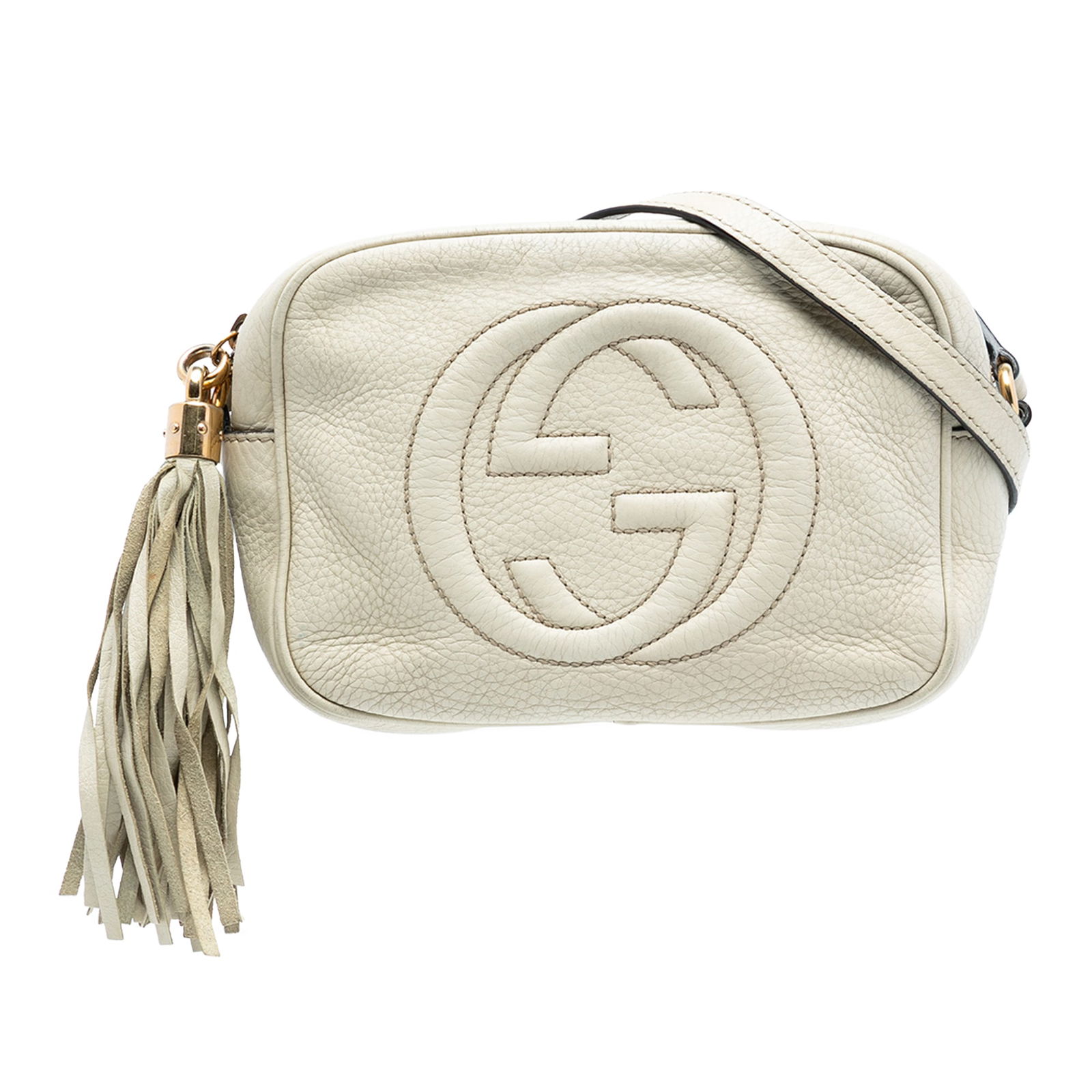 Gucci Soho Disco White Leather Crossbody Bag with Tassel Accent: Gucci Soho Disco White Leather Crossbody Bag with Tassel Accent This Gucci Soho Disco Crossbody bag features a white leather body with a tassel detail, an adjustable flat leather strap, a top zip clos