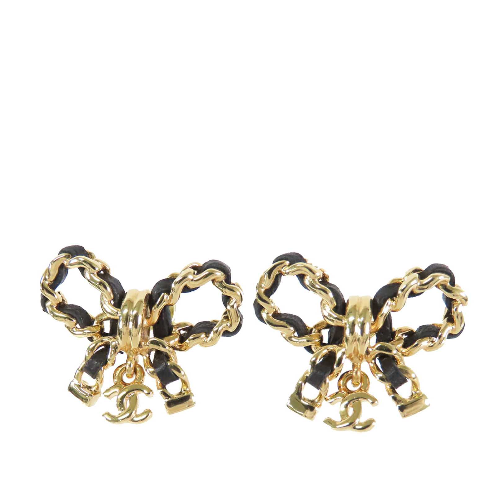 Chanel Bow Earrings Gold Plated Woven Leather CC Design: Chanel Bow Earrings Gold Plated Woven Leather CC Design These Chanel earrings feature gold plated metal bodies with leather embellishments and a bow design. They are secured with push back closures. T