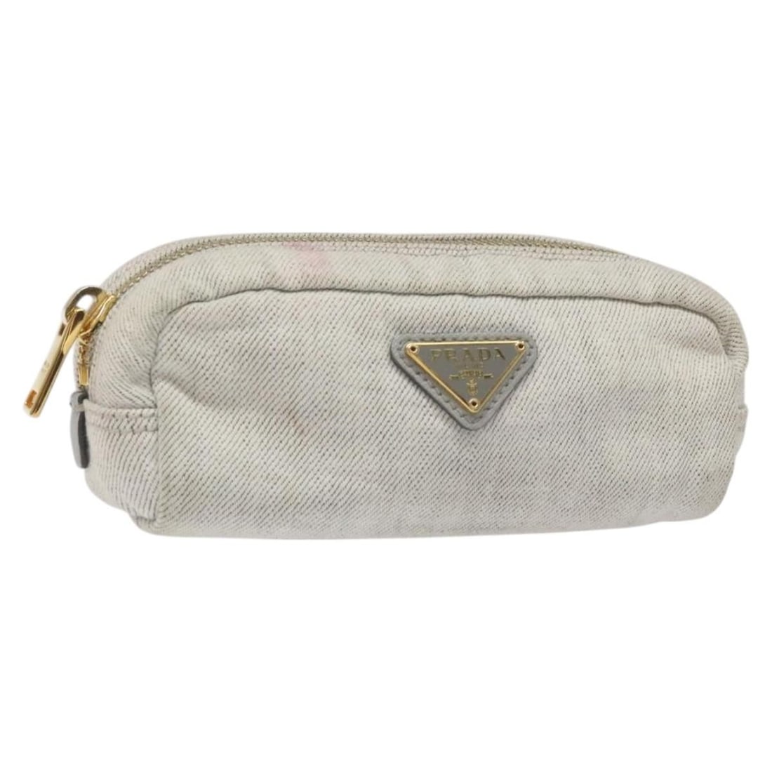 Vintage Gray Canvas Pouch by Prada 15cm x 5cm x 5cm: Vintage Gray Canvas Pouch by Prada 15cm x 5cm x 5cm This vintage Prada pouch for women is crafted from gray canvas and features metal fittings with slight scratches. It measures 15cm x 5cm x 5cm and w