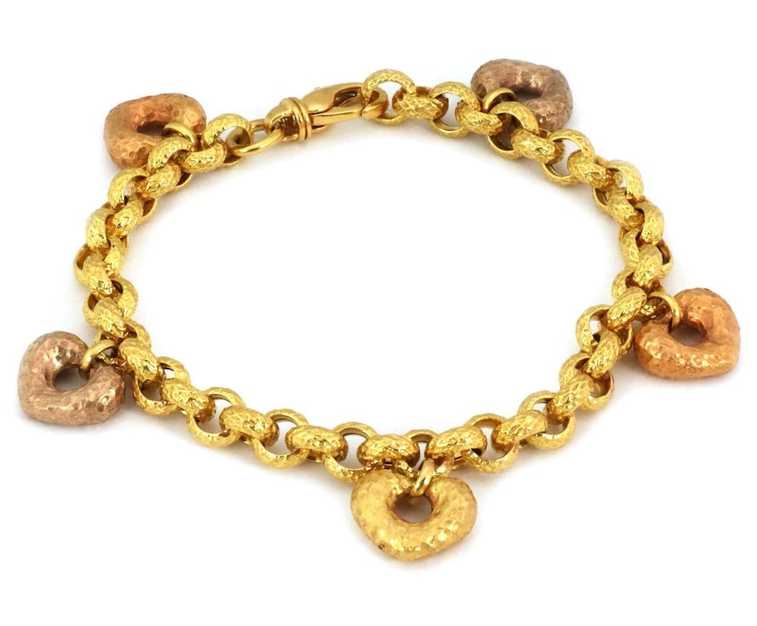 Vintage 19k Multicolor Gold Bracelet with Five Hammered Heart Charms (1 of 4)
