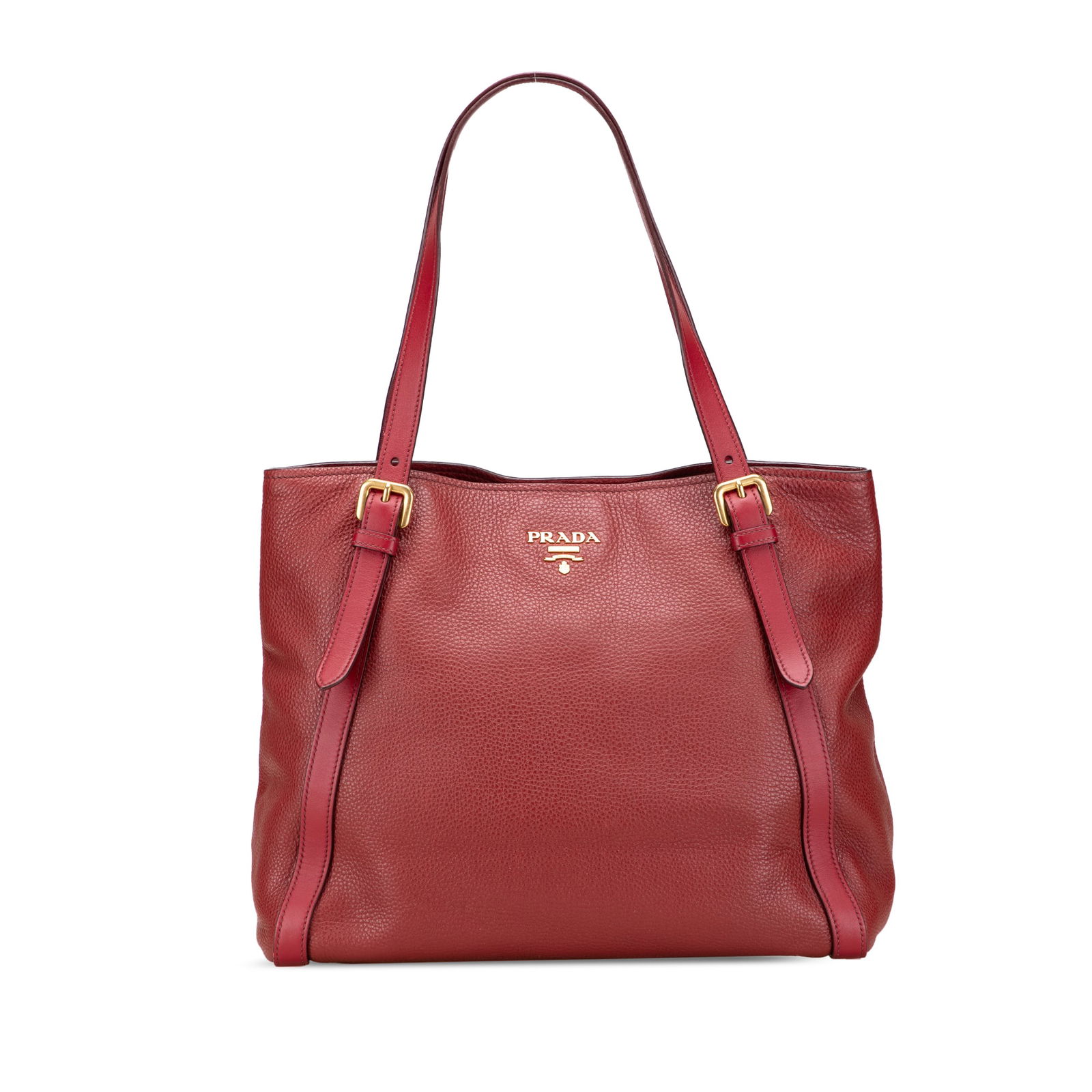 Prada Vitello Daino Red Leather Shopping Tote Bag: Prada Vitello Daino Red Leather Shopping Tote Bag This Prada Vitello Daino Shopping Tote exemplifies luxury and functionality with its elegant leather construction. It features adjustable flat leather