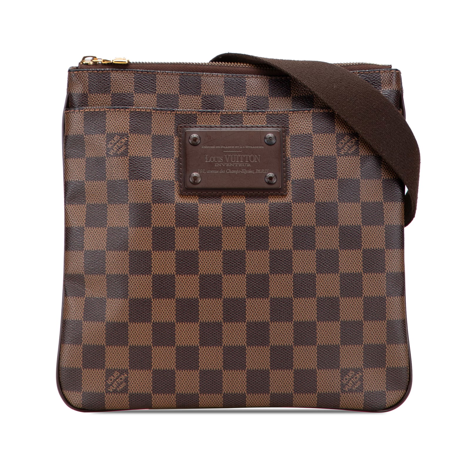 Louis Vuitton Damier Ebene Brooklyn Pochette Canvas Brown Bag: Louis Vuitton Damier Ebene Brooklyn Pochette Canvas Brown Bag The Louis Vuitton Damier Ebene Brooklyn Pochette is a stylish and practical accessory crafted from durable damier canvas. This elegant bag