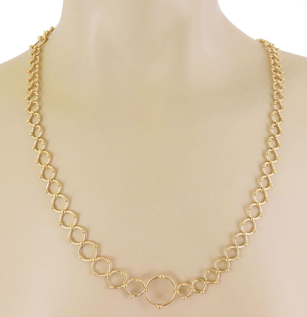 31 Inch 18k Yellow Gold Necklace With Mixed Bead Links by Tiffany & Co.: 31 Inch 18k Yellow Gold Necklace With Mixed Bead Links by Tiffany & Co. This 18k yellow gold necklace features assorted size ring bead links in a sophisticated chain design. Measuring 31 inches in len