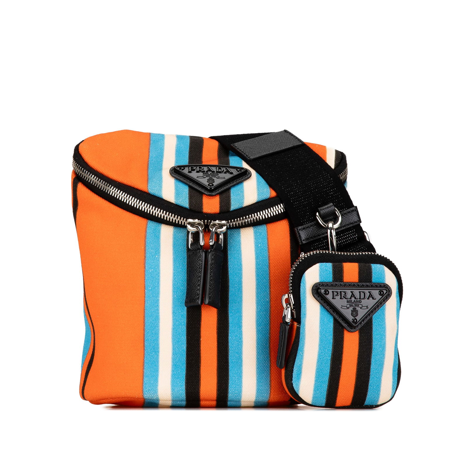 Prada Canapa Baiadera Crossbody Bag in Orange Nylon: Prada Canapa Baiadera Crossbody Bag in Orange Nylon Elevate your accessory collection with the Prada Canapa Baiadera Crossbody Bag, crafted from durable nylon. This stylish bag comes with a detachable