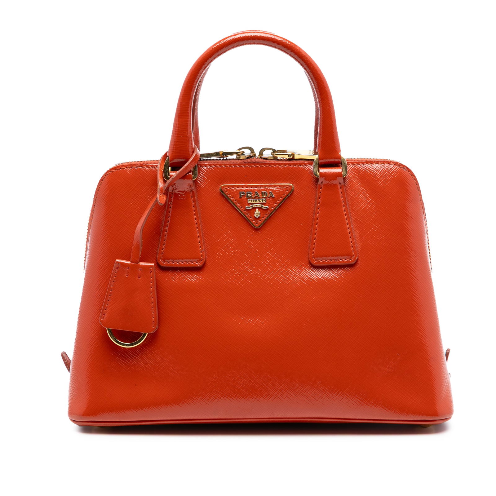 Prada Promenade Small Orange Saffiano Vernice Leather Satchel Bag: Prada Promenade Small Orange Saffiano Vernice Leather Satchel Bag This Prada Small Saffiano Vernice Promenade Satchel features an orange saffiano leather body with rolled leather handles and a top zip