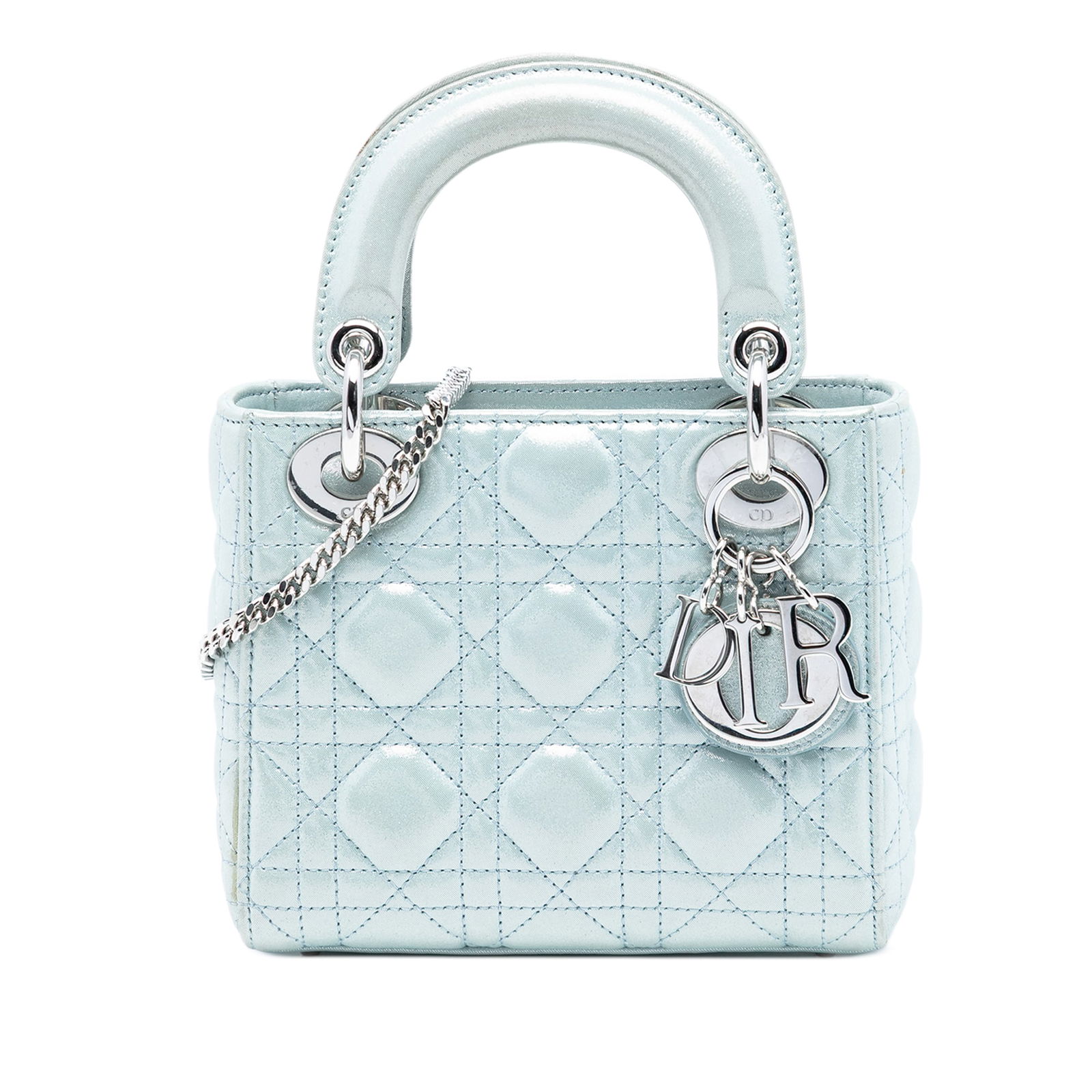 Dior Lady Dior Mini Blue Iridescent Cannage Lambskin Bag with Chain Strap: Dior Lady Dior Mini Blue Iridescent Cannage Lambskin Bag with Chain Strap This Mini Iridescent Lambskin Cannage Lady Dior bag features a quilted iridescent lambskin leather body in blue, flat leather