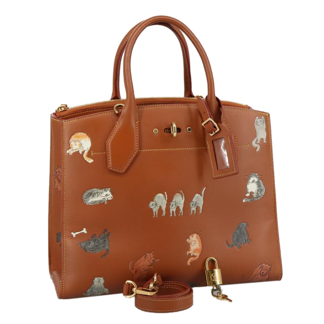 Louis Vuitton Catgram City Steamer MM Leather Handbag M52969 with Strap and Accessories: Louis Vuitton Catgram City Steamer MM Leather Handbag M52969 with Strap and Accessories This Louis Vuitton Catgram City Steamer MM is a versatile 2-way handbag crafted from brown leather. The bag feat