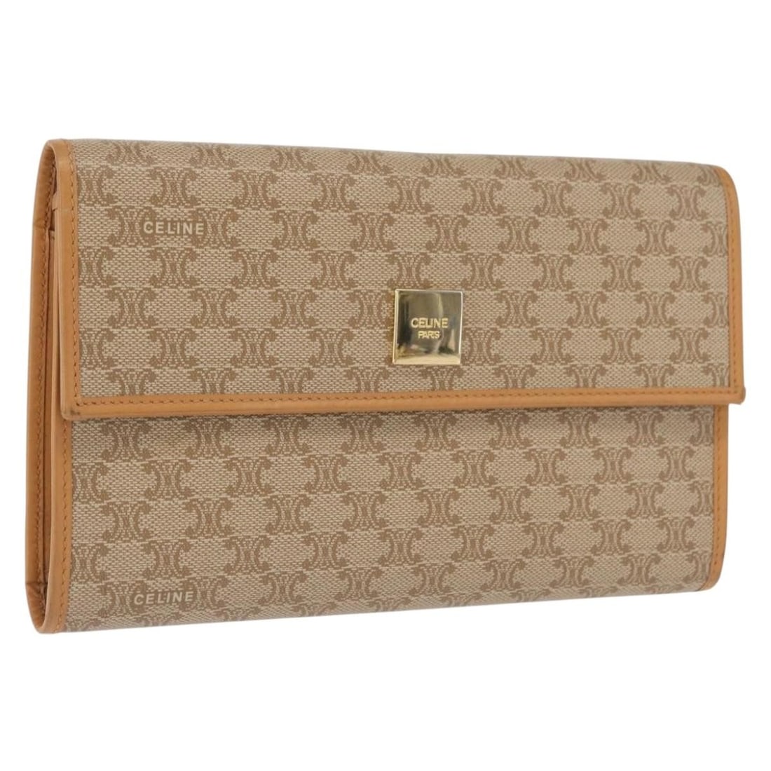 Beige Macadam Canvas CELINE Long Wallet in PVC Leather Gold Accents: Beige Macadam Canvas CELINE Long Wallet in PVC Leather Gold Accents This CELINE Macadam Canvas long wallet features a beige and gold color scheme and is crafted from PVC leather and Macadam canvas. Ma