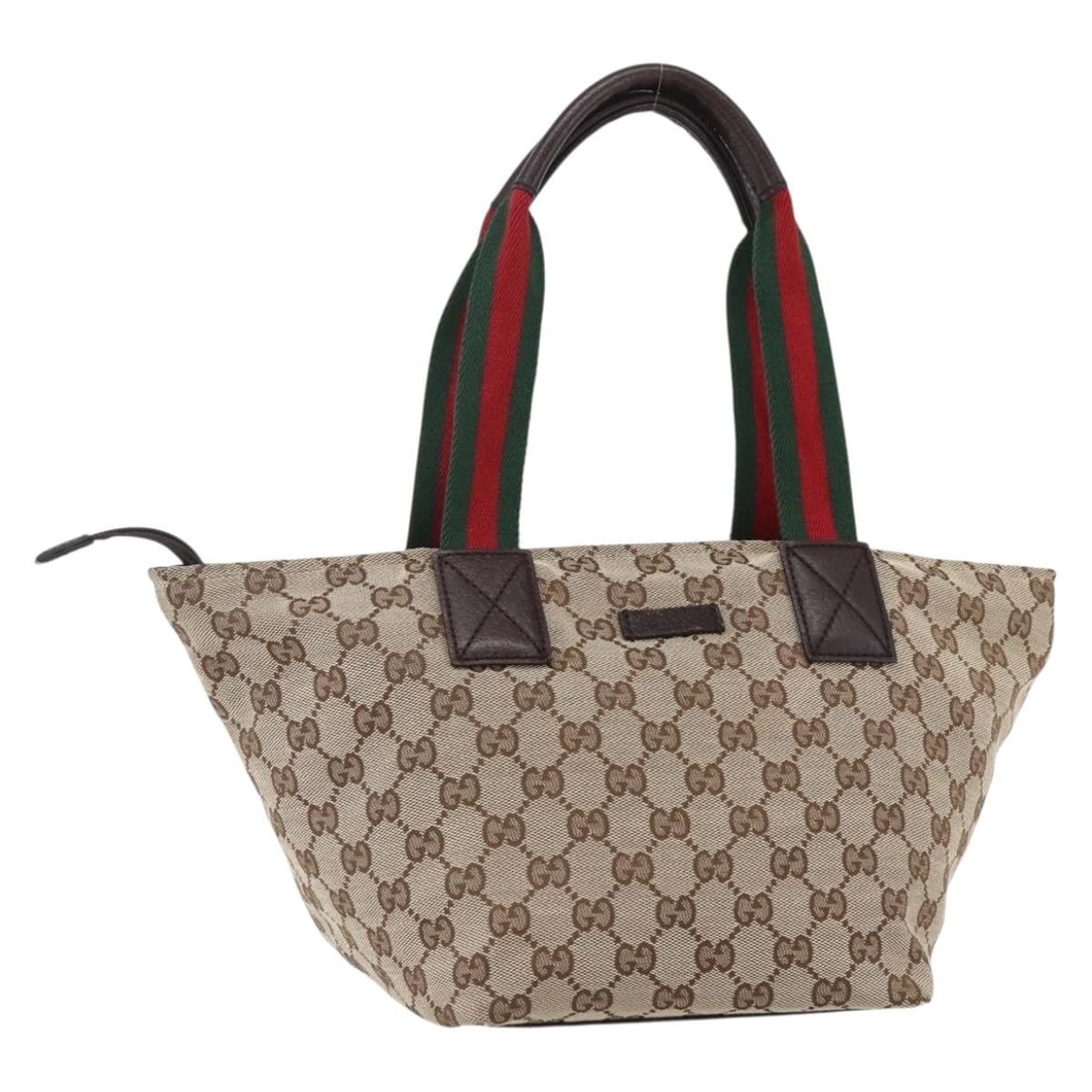Beige Gucci Canvas Zip Tote Bag Web Pattern 17cm by 19cm: Beige Gucci Canvas Zip Tote Bag Web Pattern 17cm by 19cm This pre-owned Gucci Web Zip Tote for women features a beige canvas body with leather trim and metal fittings. The handbag measures 17cm x 19cm