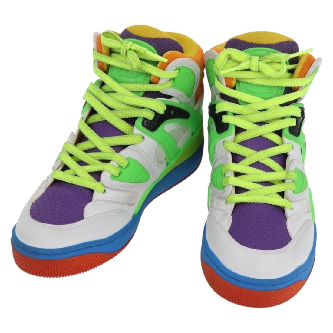 Multicolor Leather Gucci Basket High Top Sneakers Size 35 with Dust Bag: Multicolor Leather Gucci Basket High Top Sneakers Size 35 with Dust Bag These Gucci Basket high top sneakers feature a multicolor leather upper crafted in Italy. Designed as stylish sneakers, they off