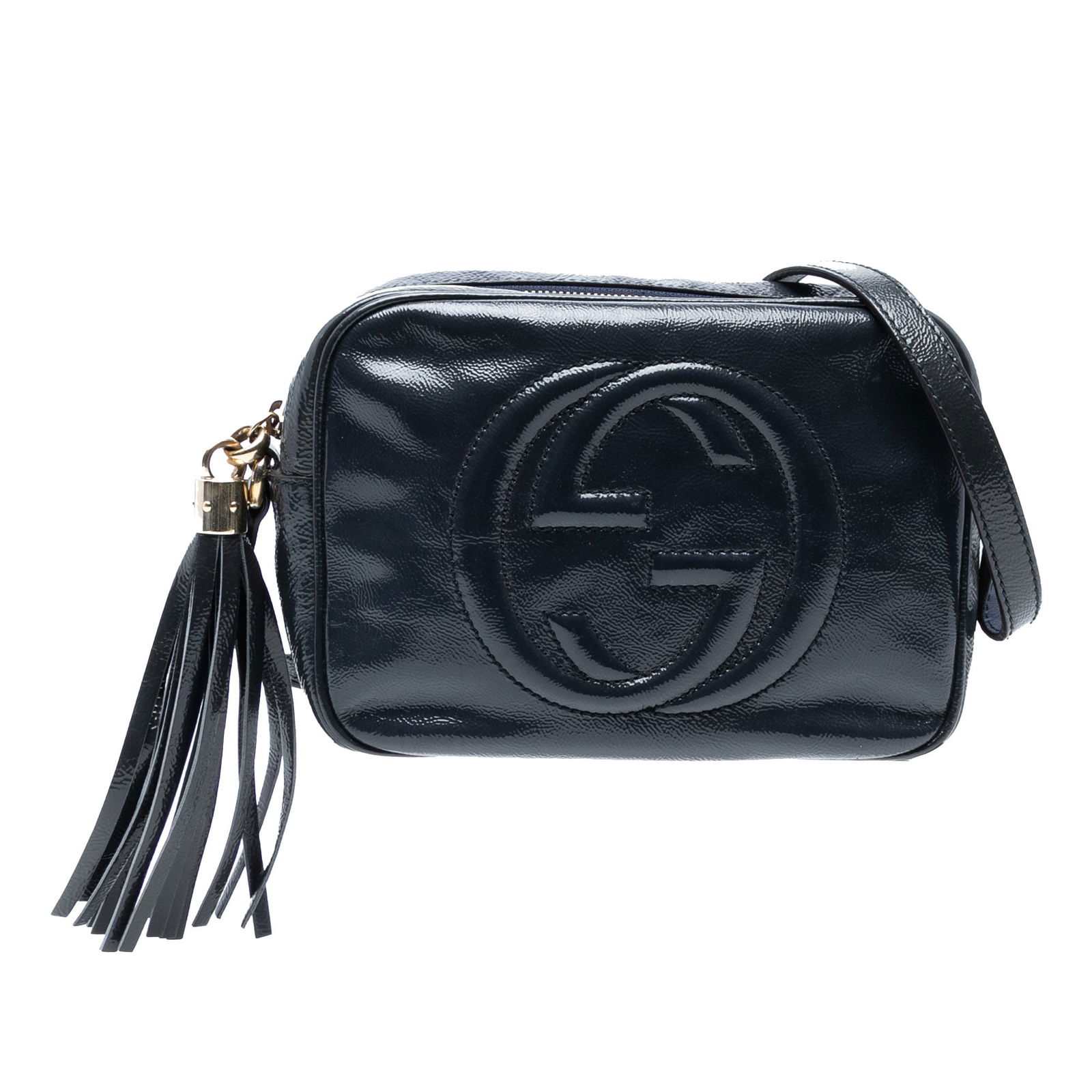 Gucci Blue Patent Soho Disco Crossbody Bag with Tassel: Gucci Blue Patent Soho Disco Crossbody Bag with Tassel The Gucci Patent Soho Disco Crossbody is a chic and stylish bag crafted from patent leather, showcasing a beautiful blue hue. It features an adju