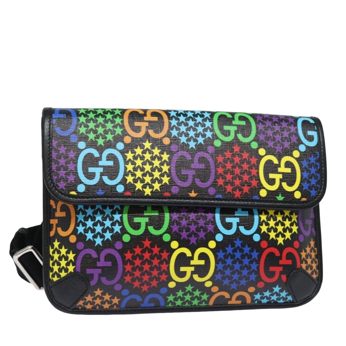 Gucci Psychedelique Canvas and Leather Crossbody Bag: Gucci Psychedelique Canvas and Leather Crossbody Bag This Gucci Sac Bandouliere Psychedelique is a unisex shoulder bag crafted from multicolor PVC canvas with leather accents. It features a compact de