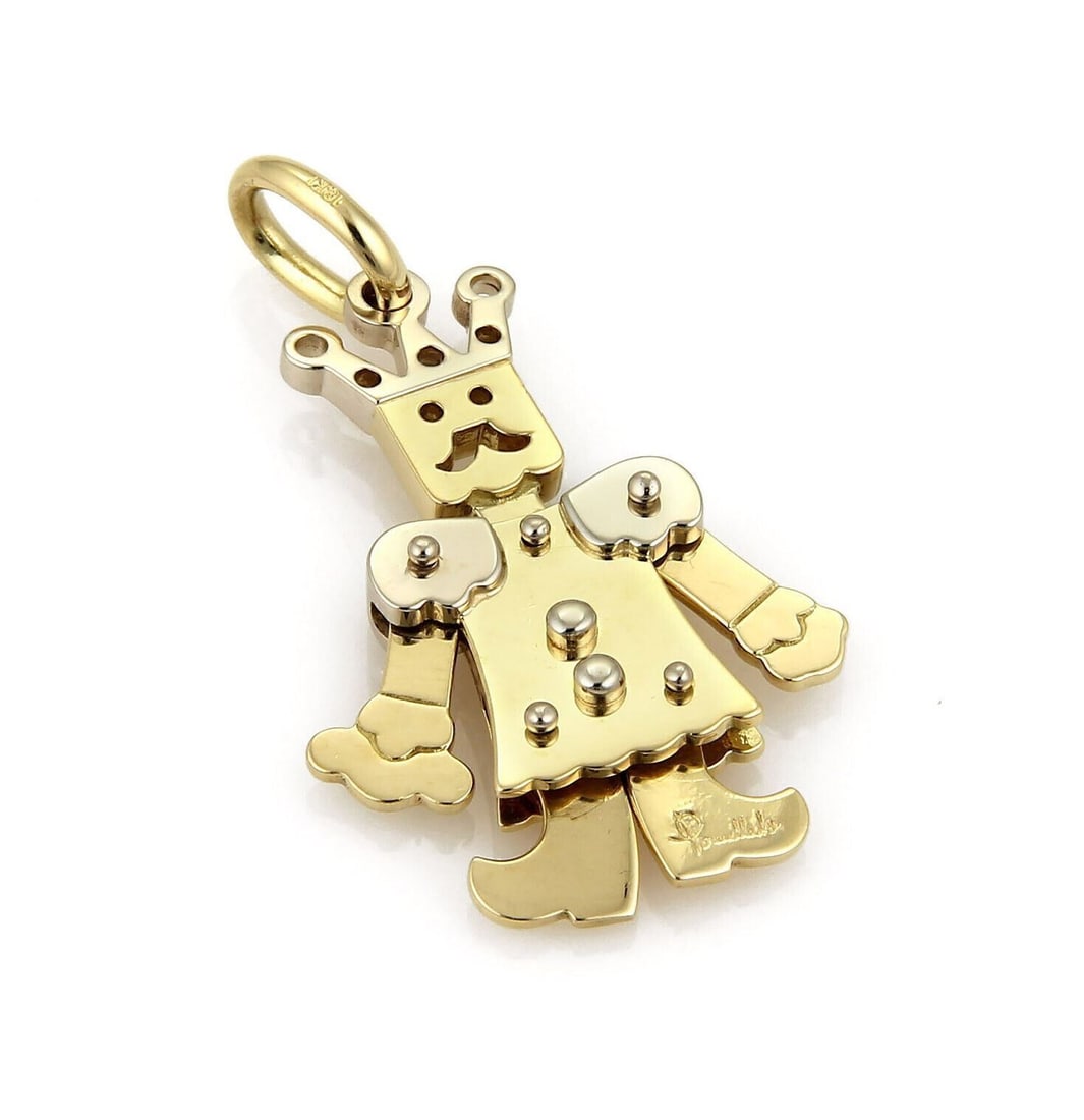 18k Gold Animated King Charm Pendant by Pomellato: 18k Gold Animated King Charm Pendant by Pomellato This Pomellato Animated King charm pendant is crafted from 18k yellow and white gold, showcasing intricate detailing. The pendant is signed by Pomella