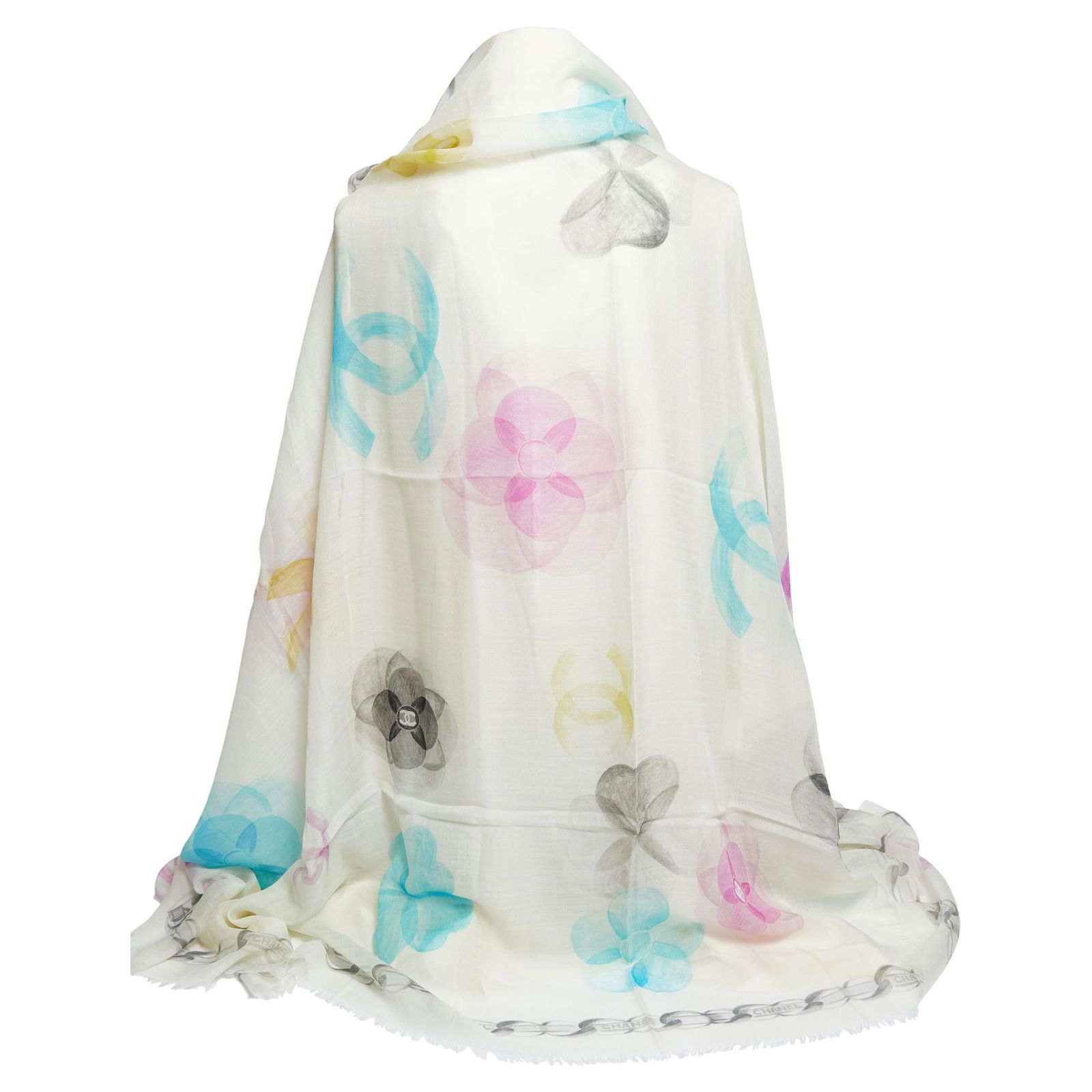 Chanel White Cashmere Shawl with Multicolor Camellias: Chanel White Cashmere Shawl with Multicolor Camellias Elevate your wardrobe with this exquisite Chanel white cashmere shawl, adorned with vibrant multicolor camellias and a sophisticated black trim fe