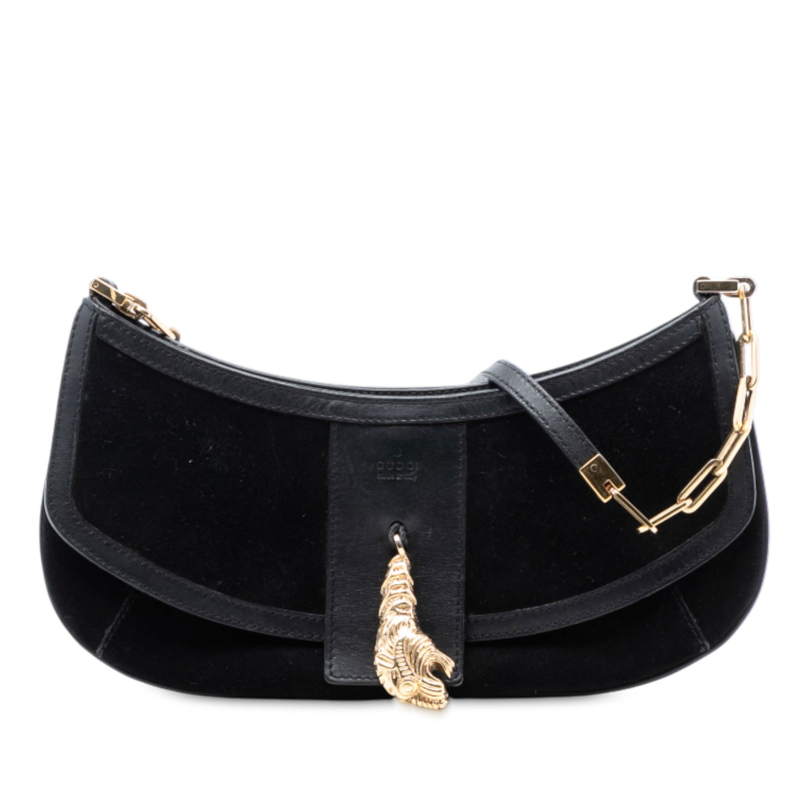 Gucci Black Suede Leather Crossbody Bag with Tiger Head Accent: Gucci Black Suede Leather Crossbody Bag with Tiger Head Accent This Gucci crossbody bag features a black suede leather body accented with a signature tiger head detail. It includes both a chain link a