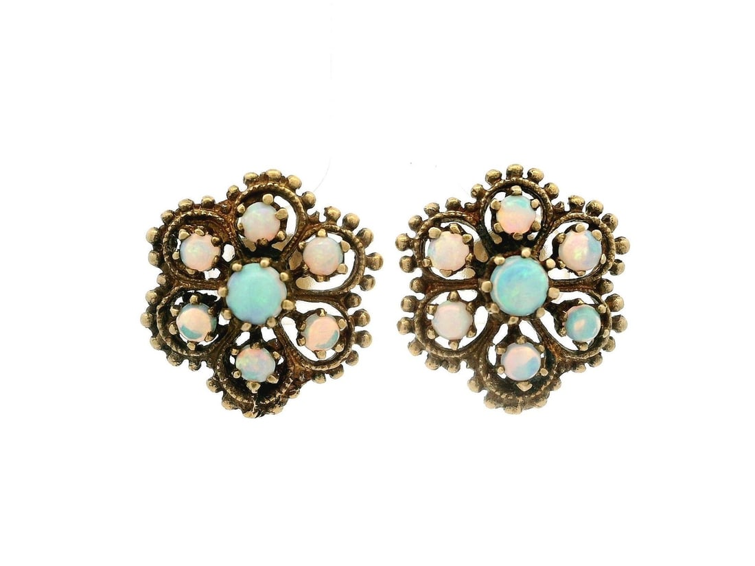 Vintage Victorian Revival 14k Yellow Gold Opal Flower Stud Earrings: Vintage Victorian Revival 14k Yellow Gold Opal Flower Stud Earrings Presenting a stunning pair of Vintage Victorian Revival Solid Yellow Gold Opal Cluster Flower Stud Earrings. These exquisite earring