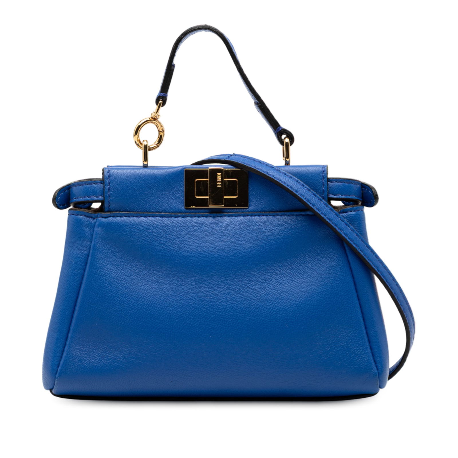 Fendi Micro Peekaboo Blue Leather Nappa Iconic Satchel Bag: Fendi Micro Peekaboo Blue Leather Nappa Iconic Satchel Bag This Fendi Micro Shiny Nappa Peekaboo Iconic Satchel showcases a blue leather body with a flat leather handle, a detachable and adjustable le